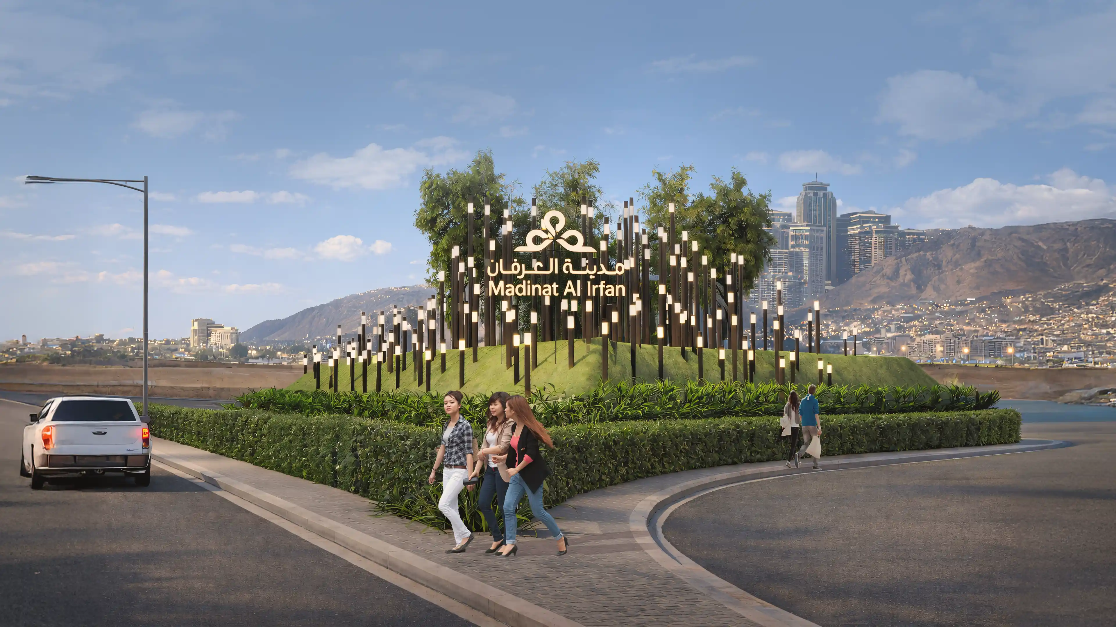 Integrated wayfinding and public realm strategy at Madinat Al Irfan, improving navigation, arrival, and visitor experience across a landmark urban development
