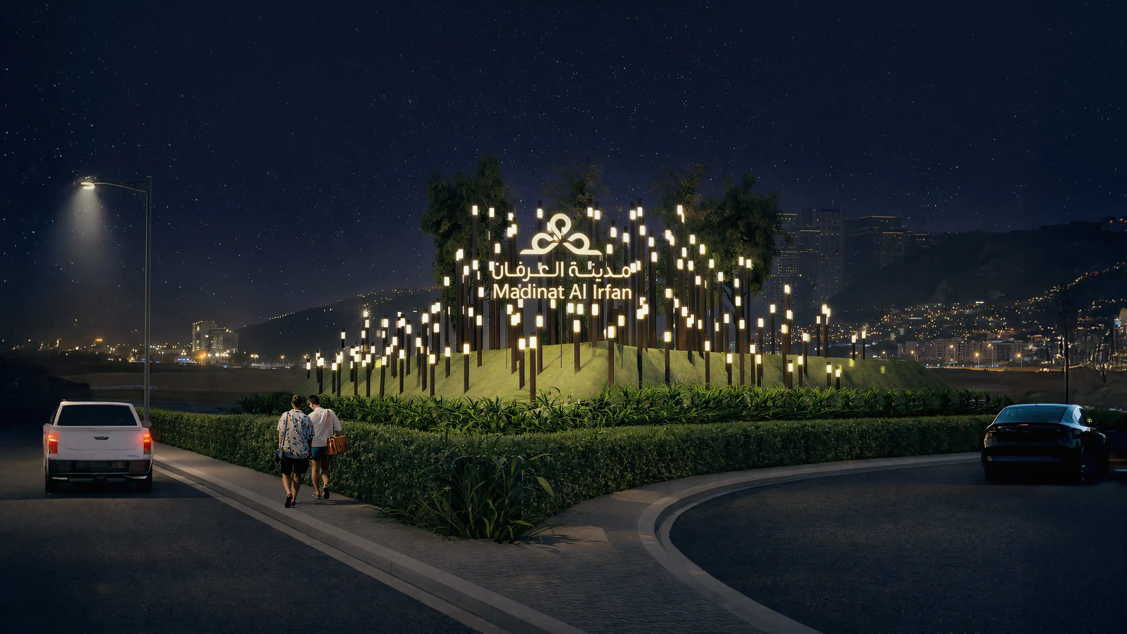 Integrated wayfinding and public realm strategy at Madinat Al Irfan at nighttime, improving navigation, arrival, and visitor experience across a landmark urban development.