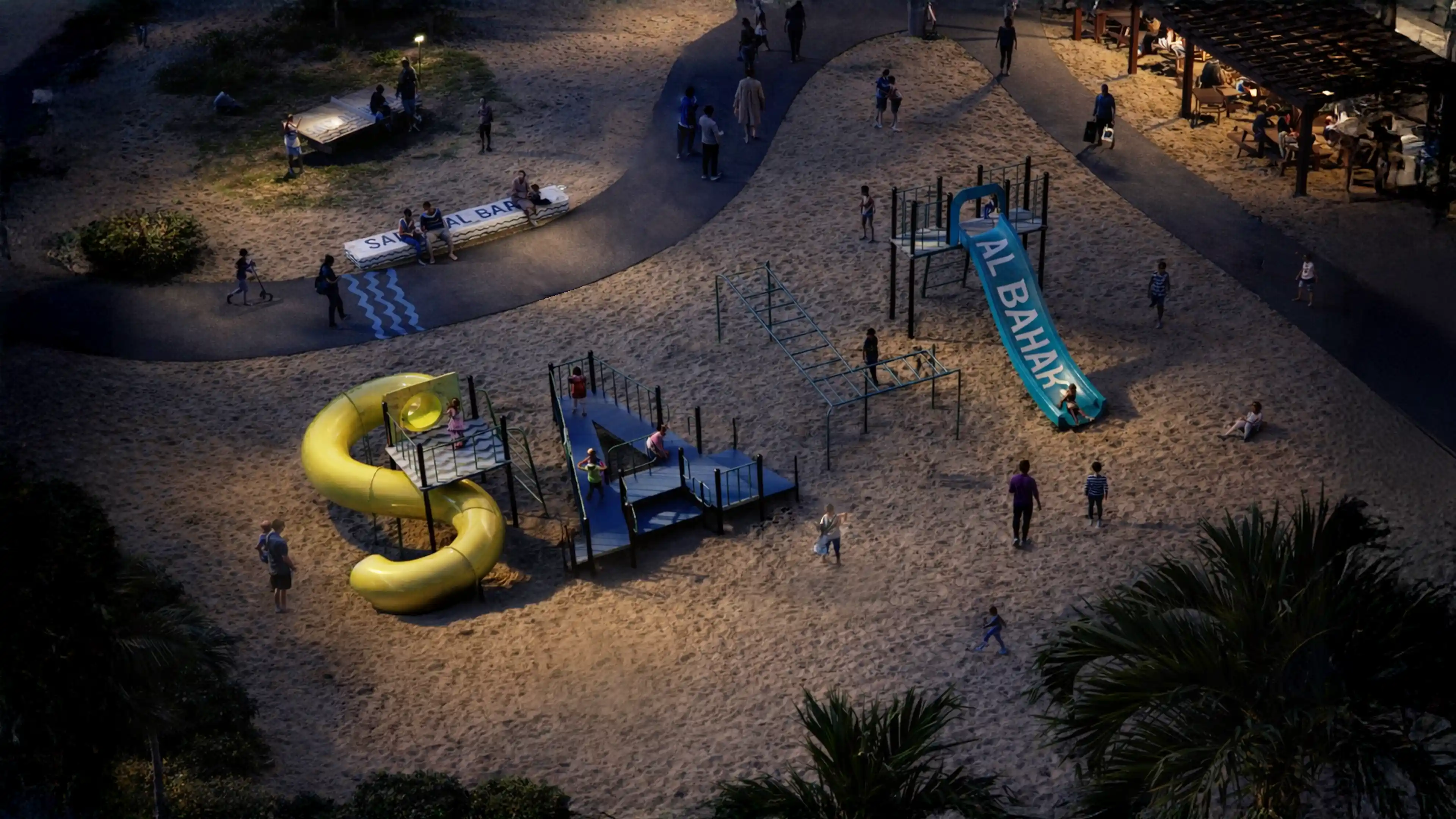 Nighttime view of families and children enjoying LIMAH's experiential branded playground and integrated public art installation at Salt Al Bahar