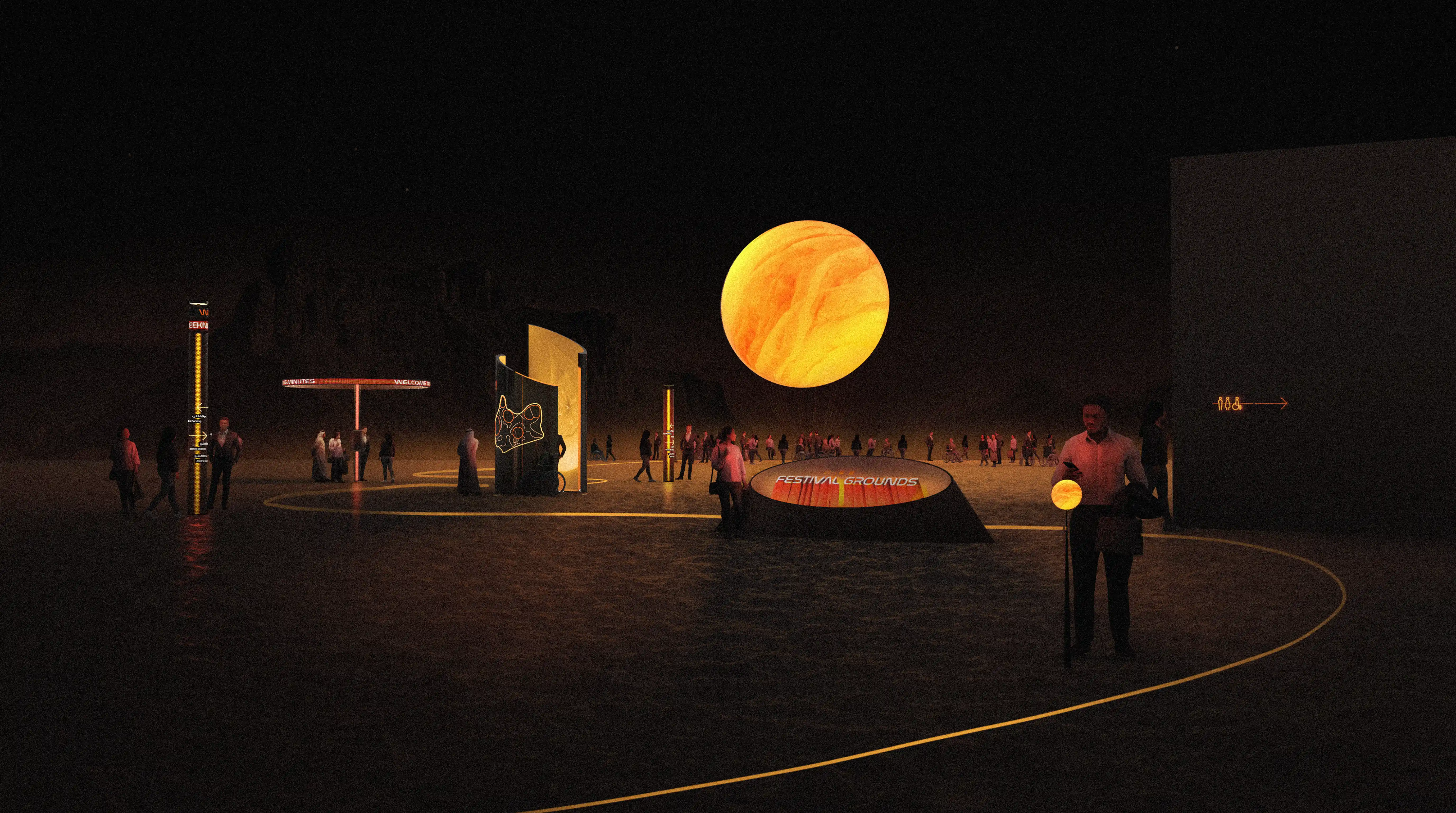 Signage family for Festival Arena, combining smart navigation, crowd intelligence, and experiential design for large-scale events