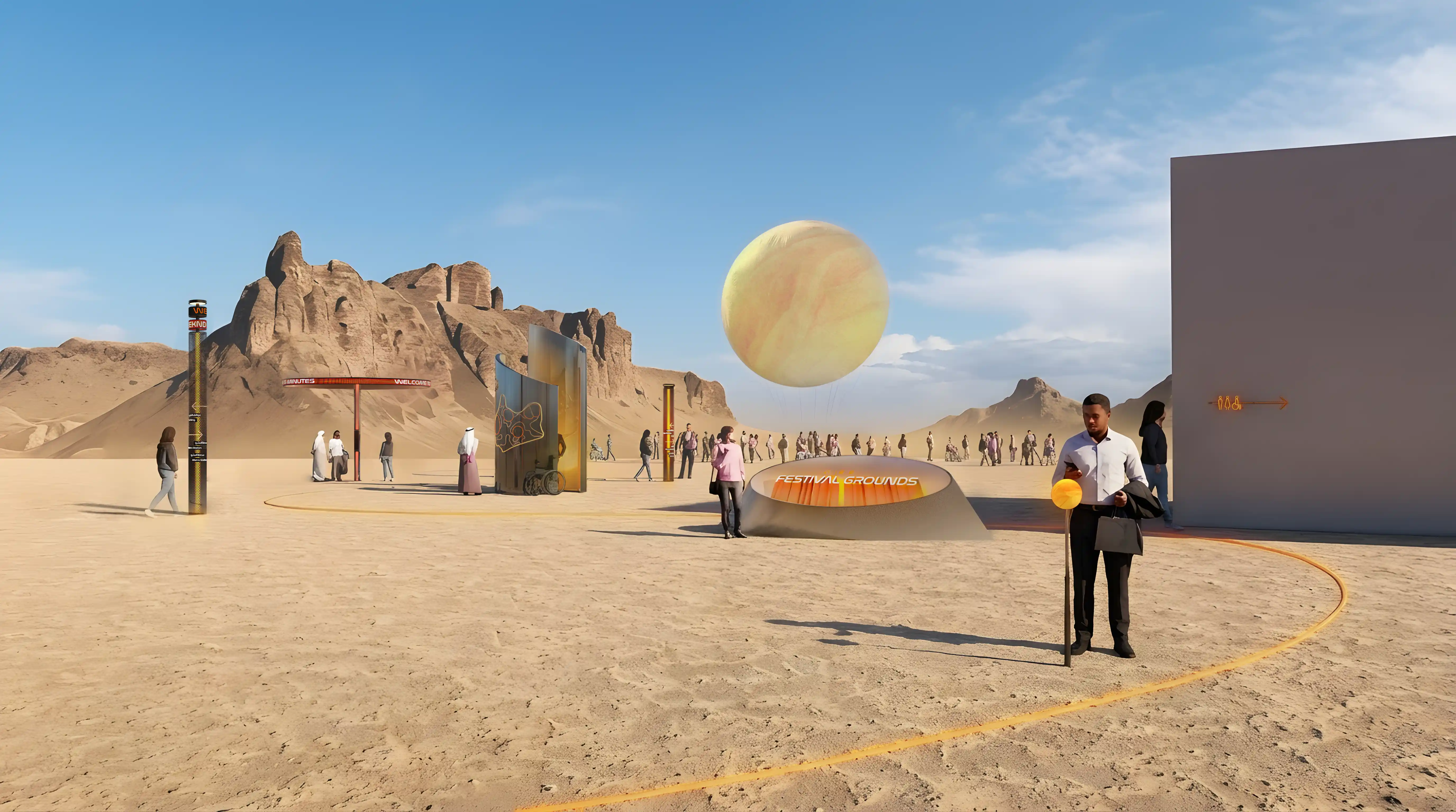 Daytime view of the Signage family for Festival Arena, combining smart navigation, crowd intelligence, and experiential design for large-scale events