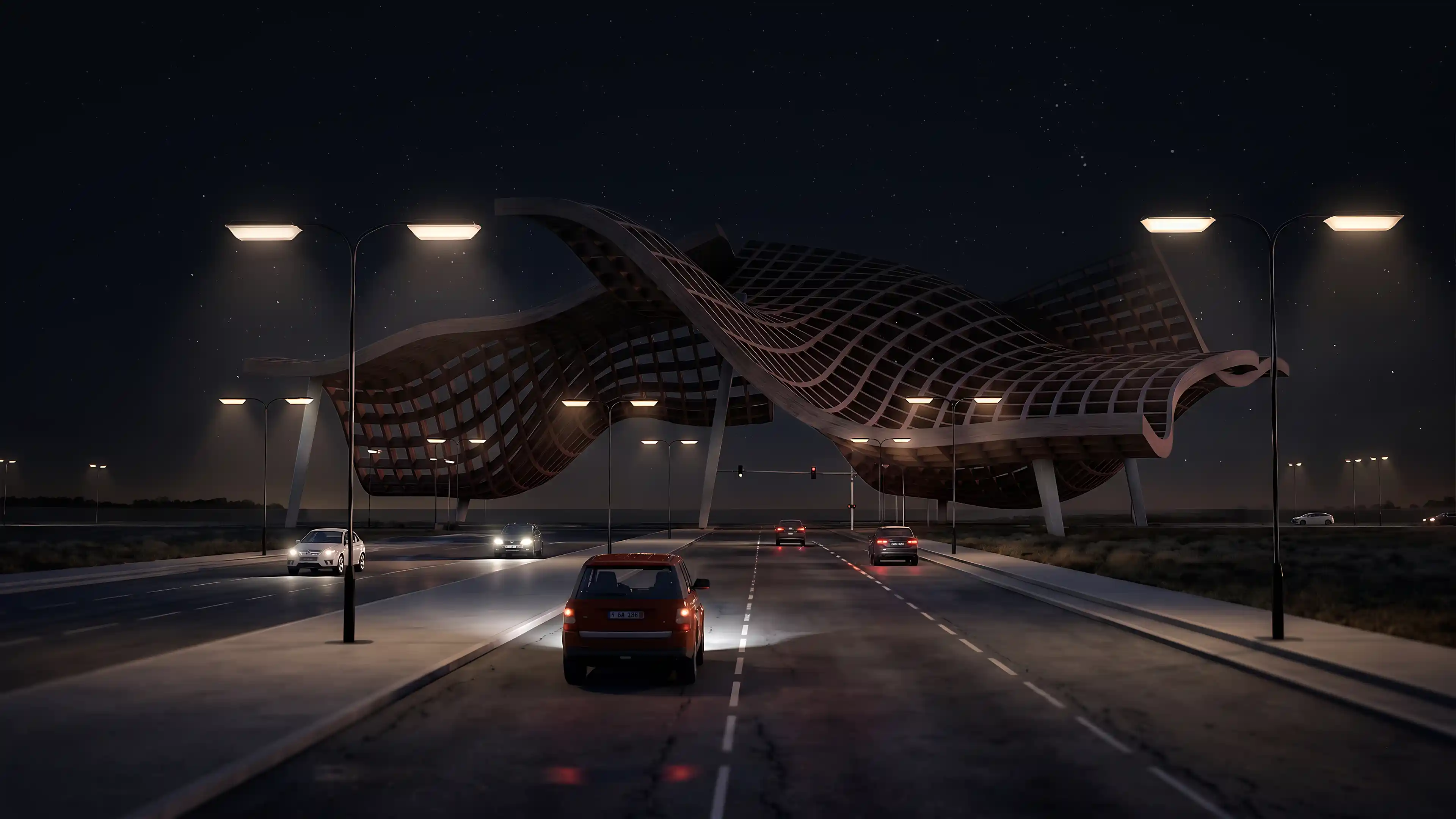 Nighttime view of the arrival experience at Diyar Al Muharraq, Bahrain, as part of LIMAH's Masterplan wayfinding, public art, and user experience strategy