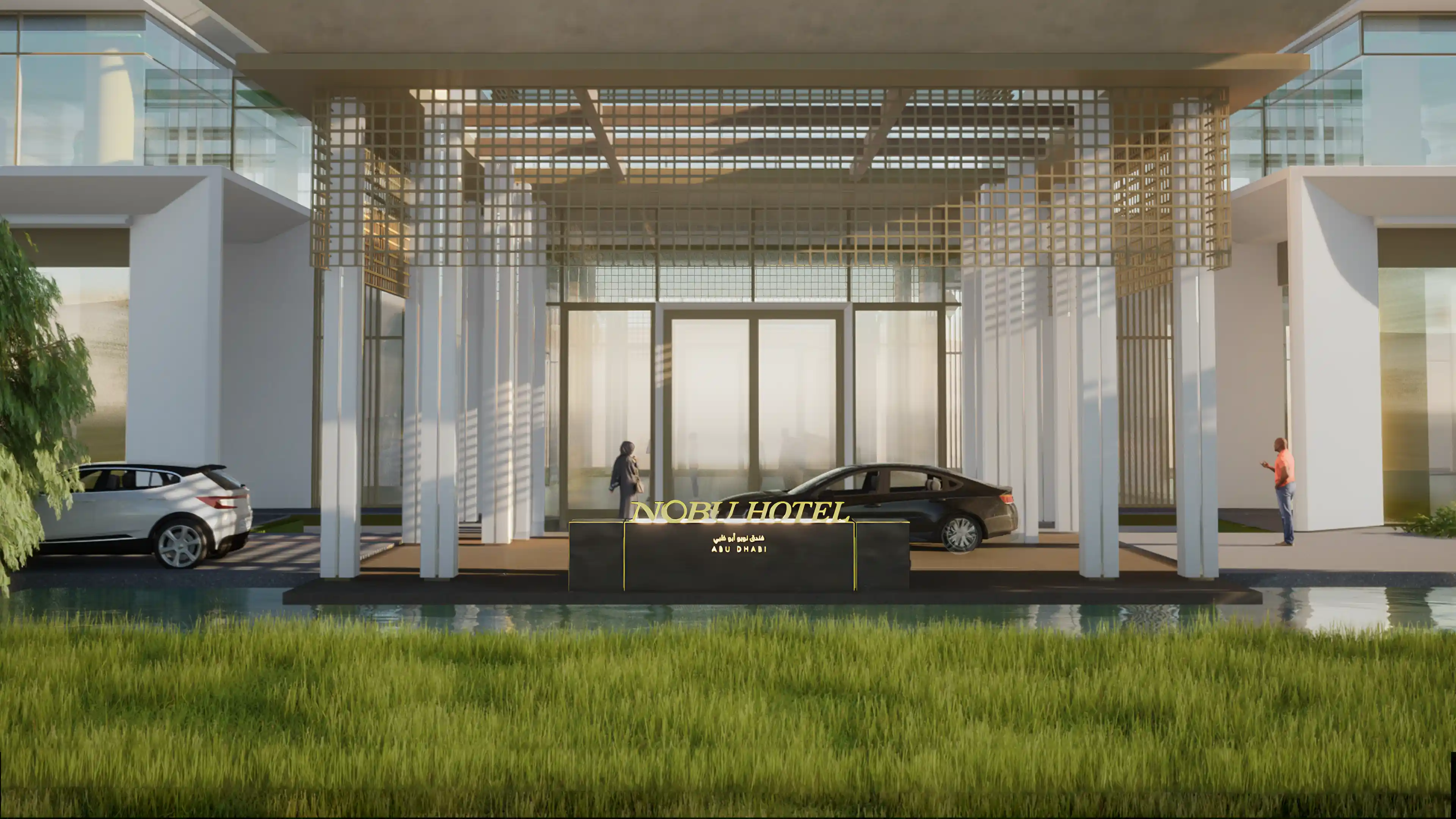 Entrance to Nobu Hotel with pedestrians and vehicles guided by LIMAH's integrated wayfinding and directional signage