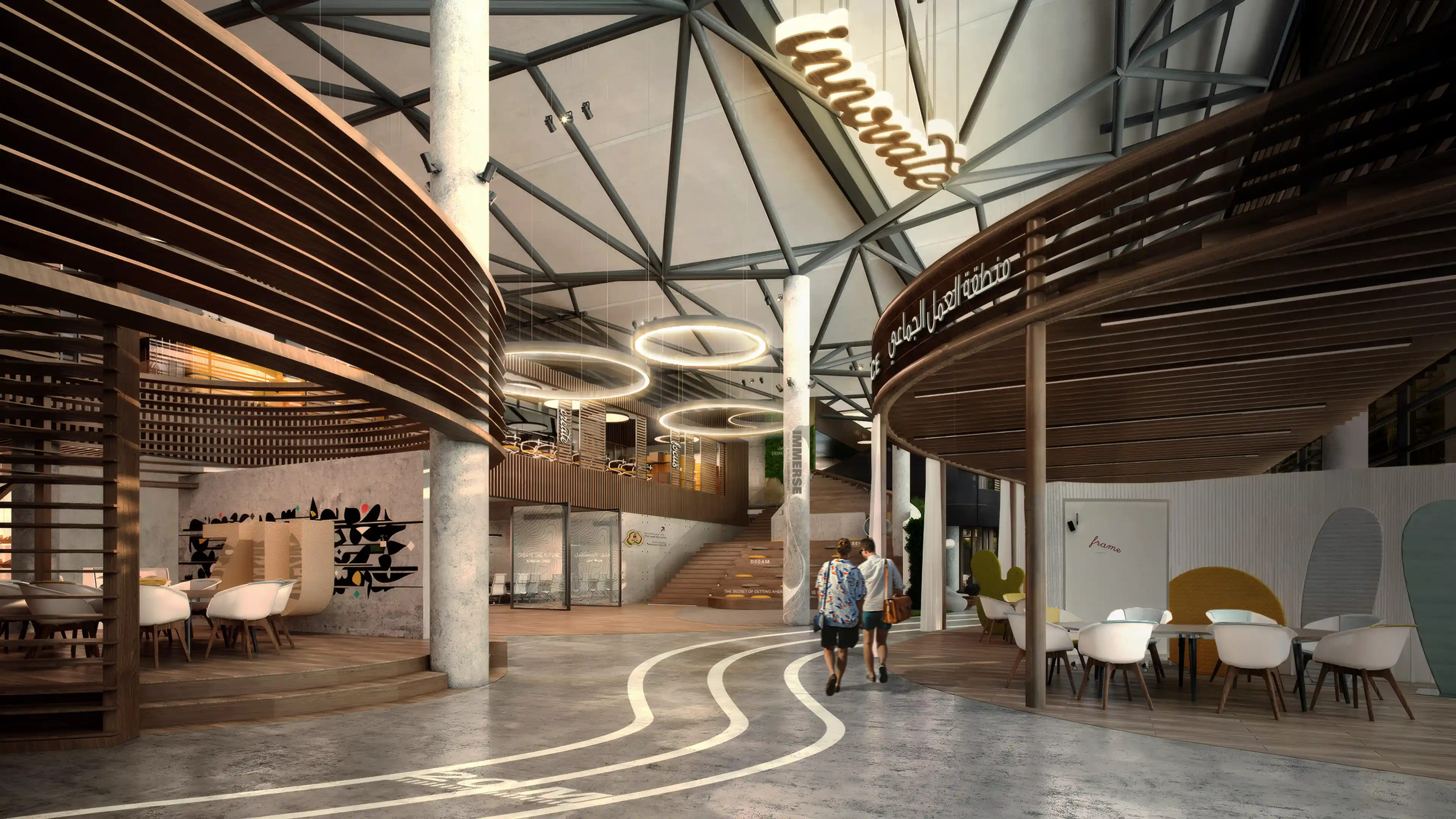 Wayfinding, signage, and experiential strategy for Zayed University's Innovation and Entrepreneurship Center in Dubai at nighttime, designed by LIMAH