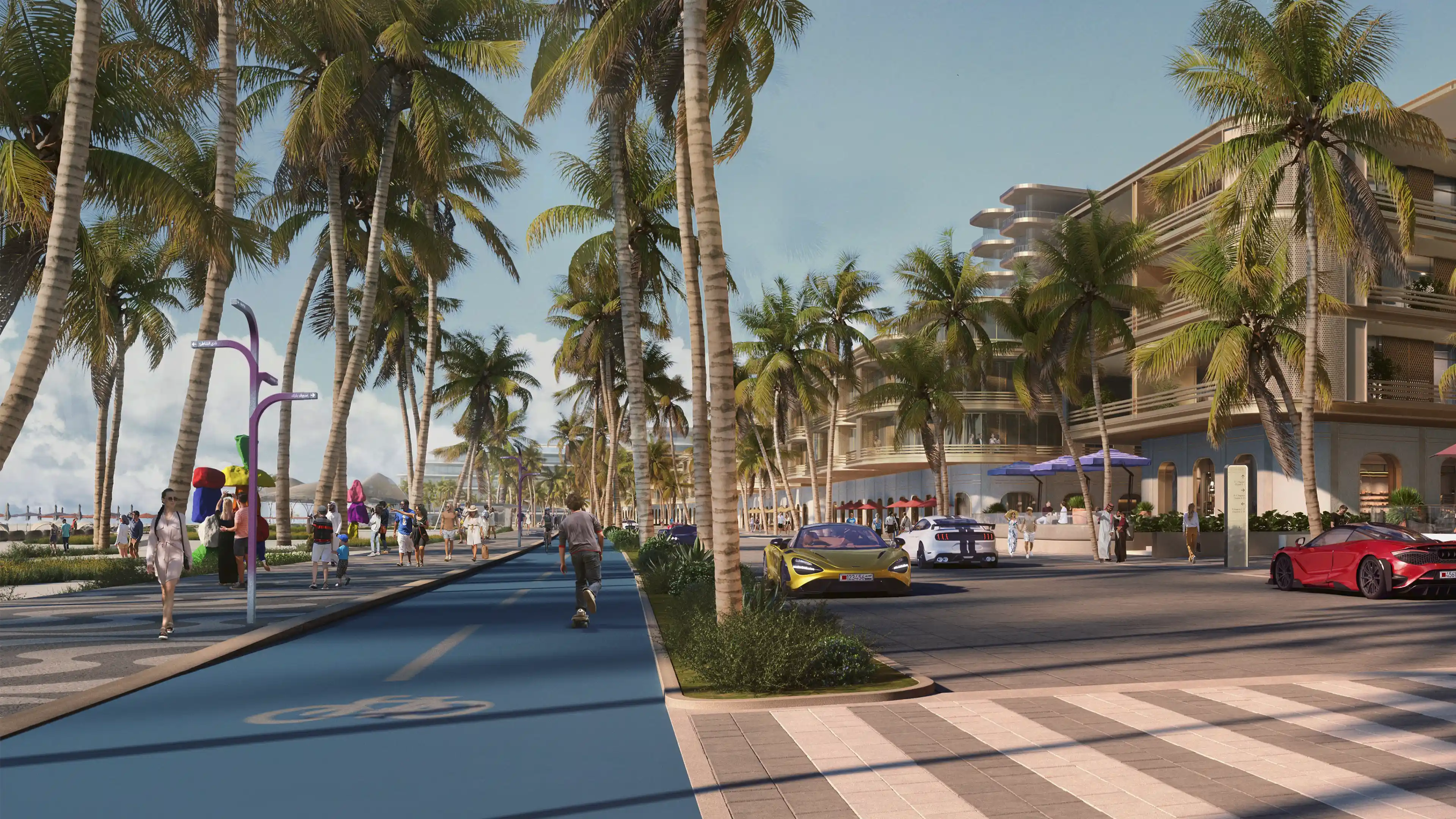 People navigating Ocean Drive at Bilaj Al Jazayer using LIMAH's integrated wayfinding and signage system