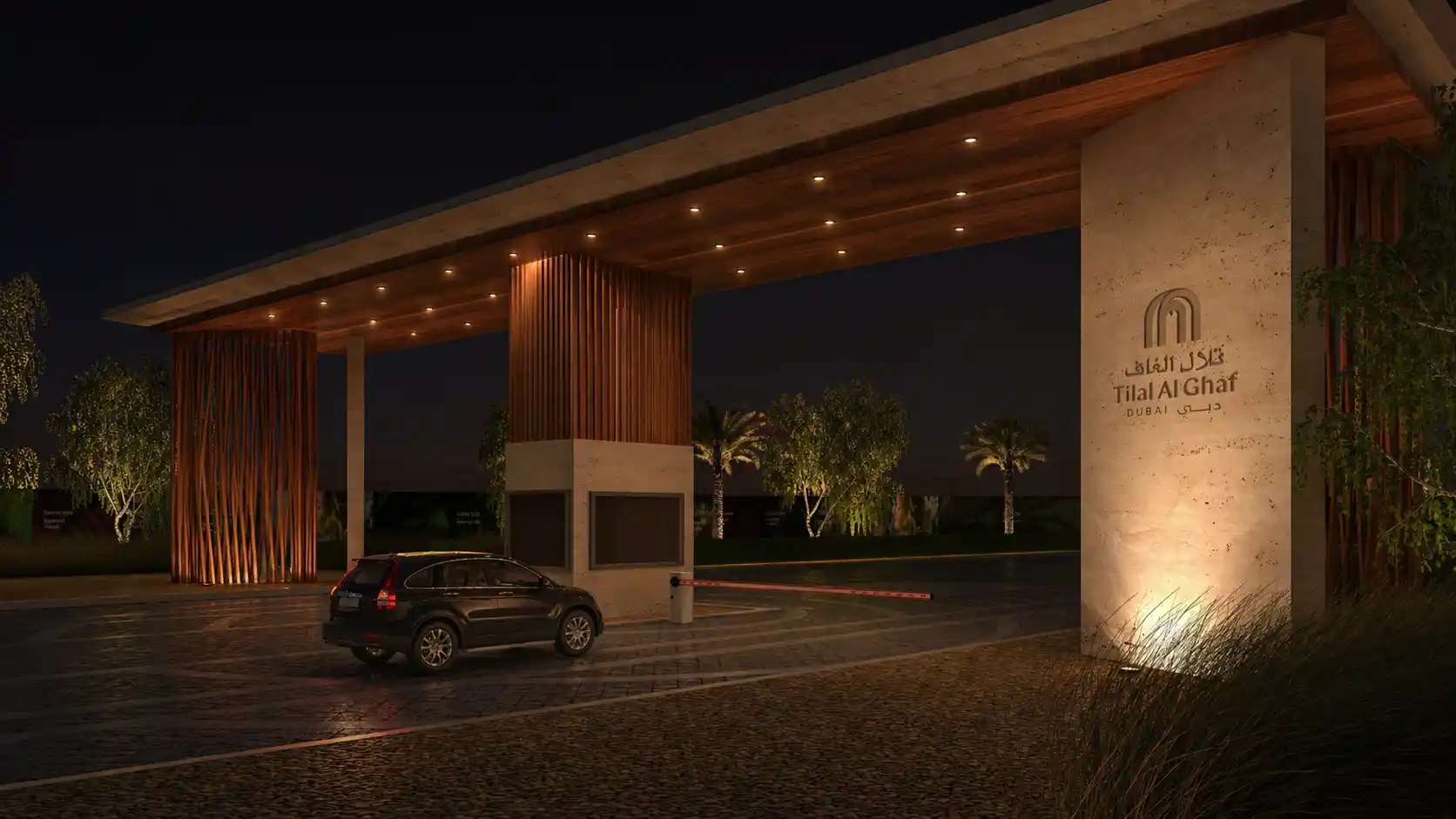 Arrival experience at nighttime at Tilal Al Ghaf, designed by LIMAH