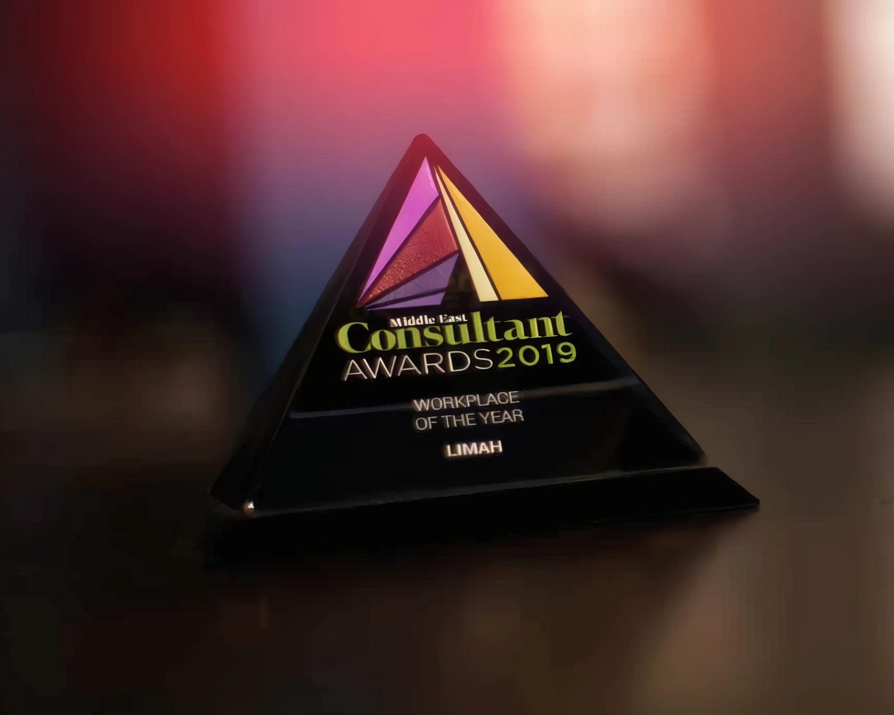 Close up shot of the Middle East Consultant Award for Workplace of the year, in 2019