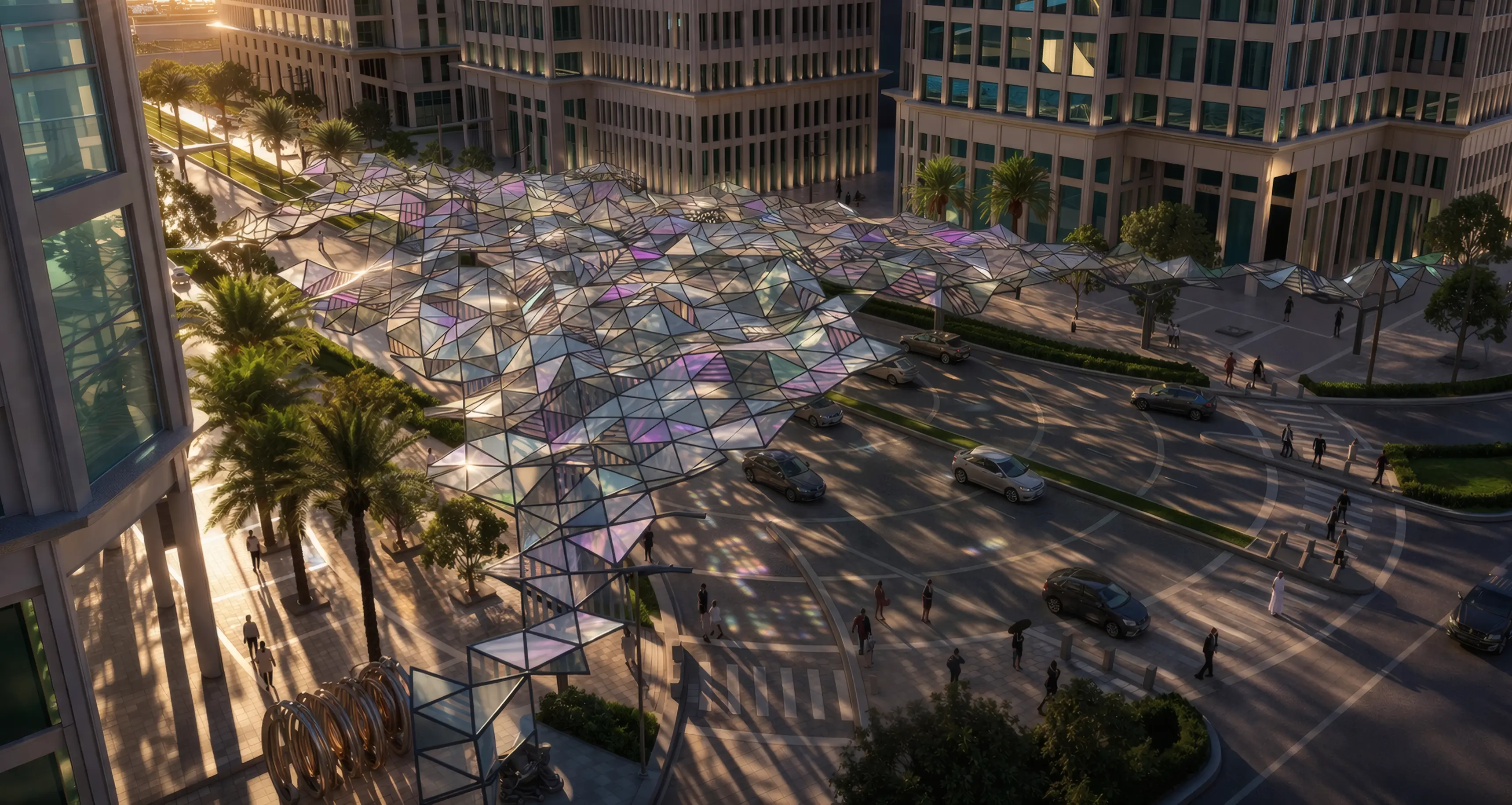 Landmark sculptural canopy by LIMAH serving as the public art gateway to Tilal Al Irfan.