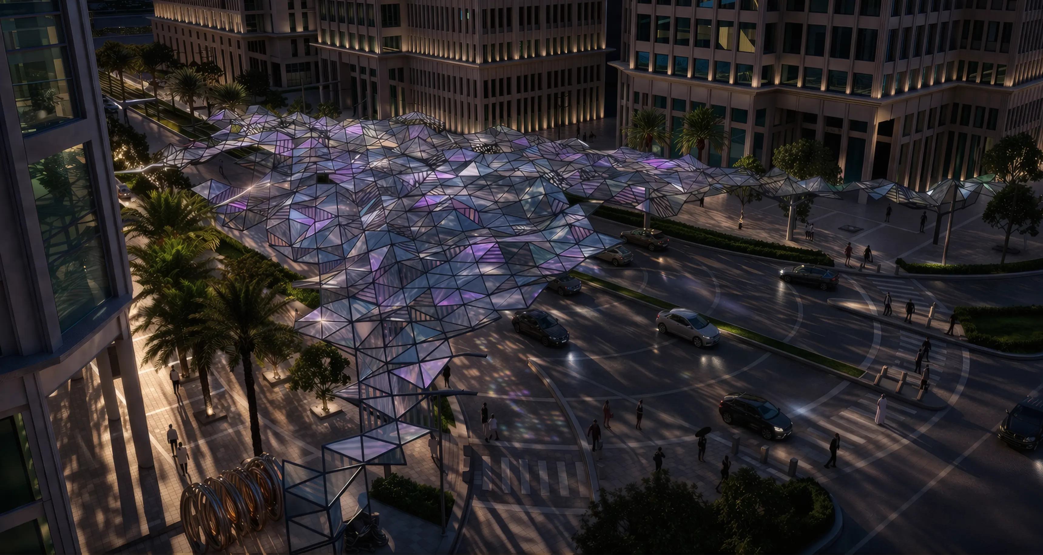 Nighttime view of a landmark sculptural canopy by LIMAH serving as the public art gateway to Tilal Al Irfan.