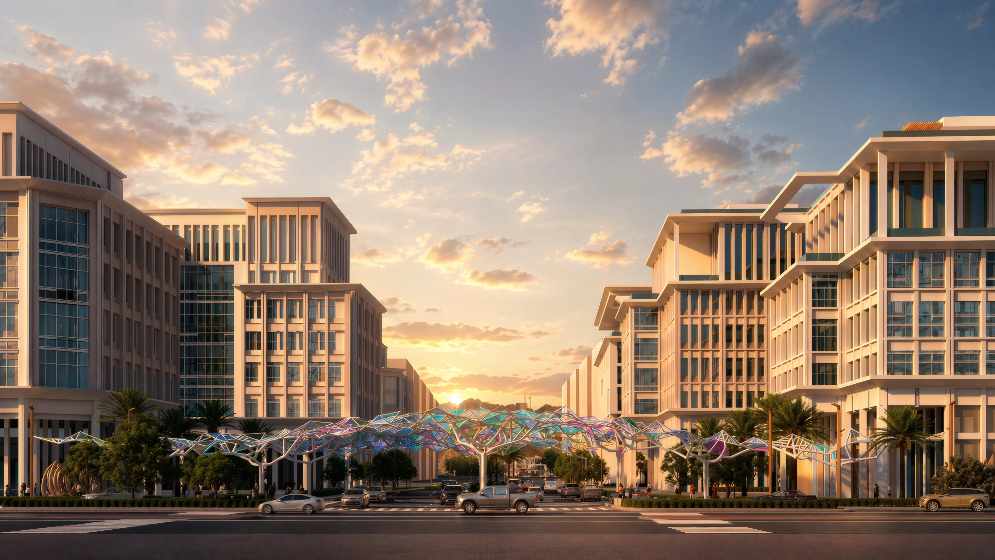 Landmark canopy gateway at Tilal Al Irfan, designed by LIMAH to create a distinctive arrival experience through experience strategy