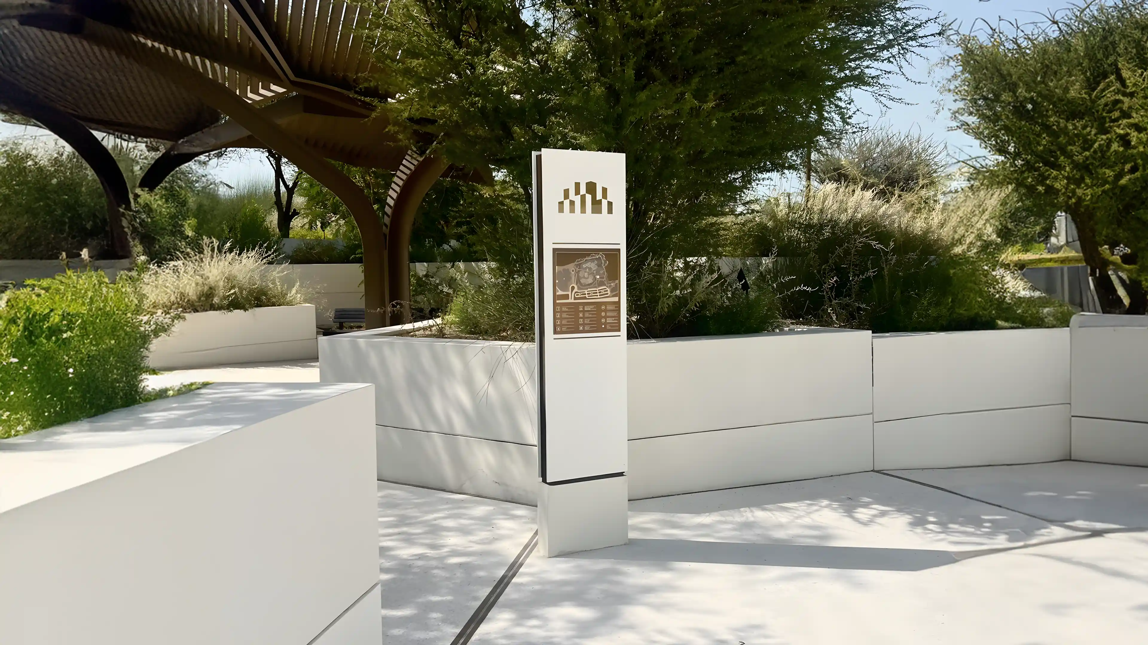 Pedestrian directional signage at the Natural History Museum Abu Dhabi, showcasing LIMAH's wayfinding and visitor navigation design