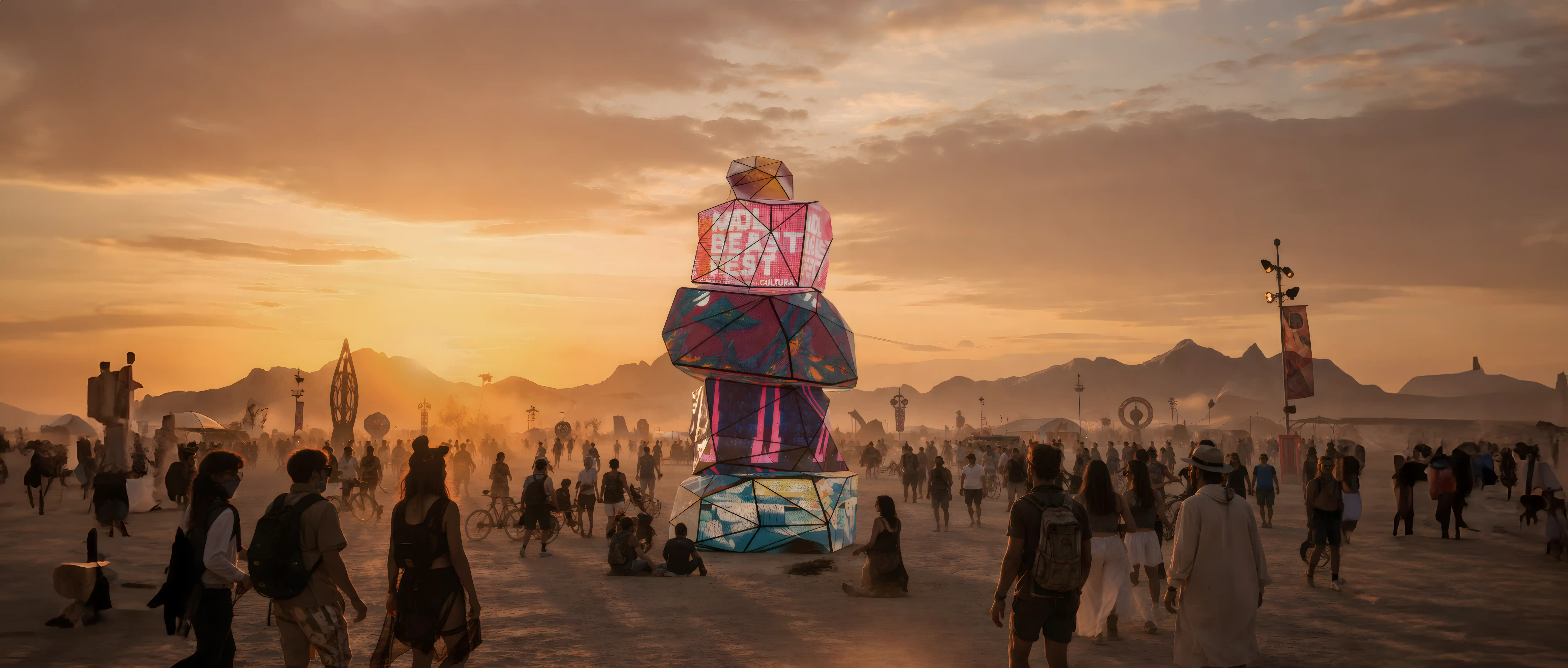 Public art totem within a festival environment