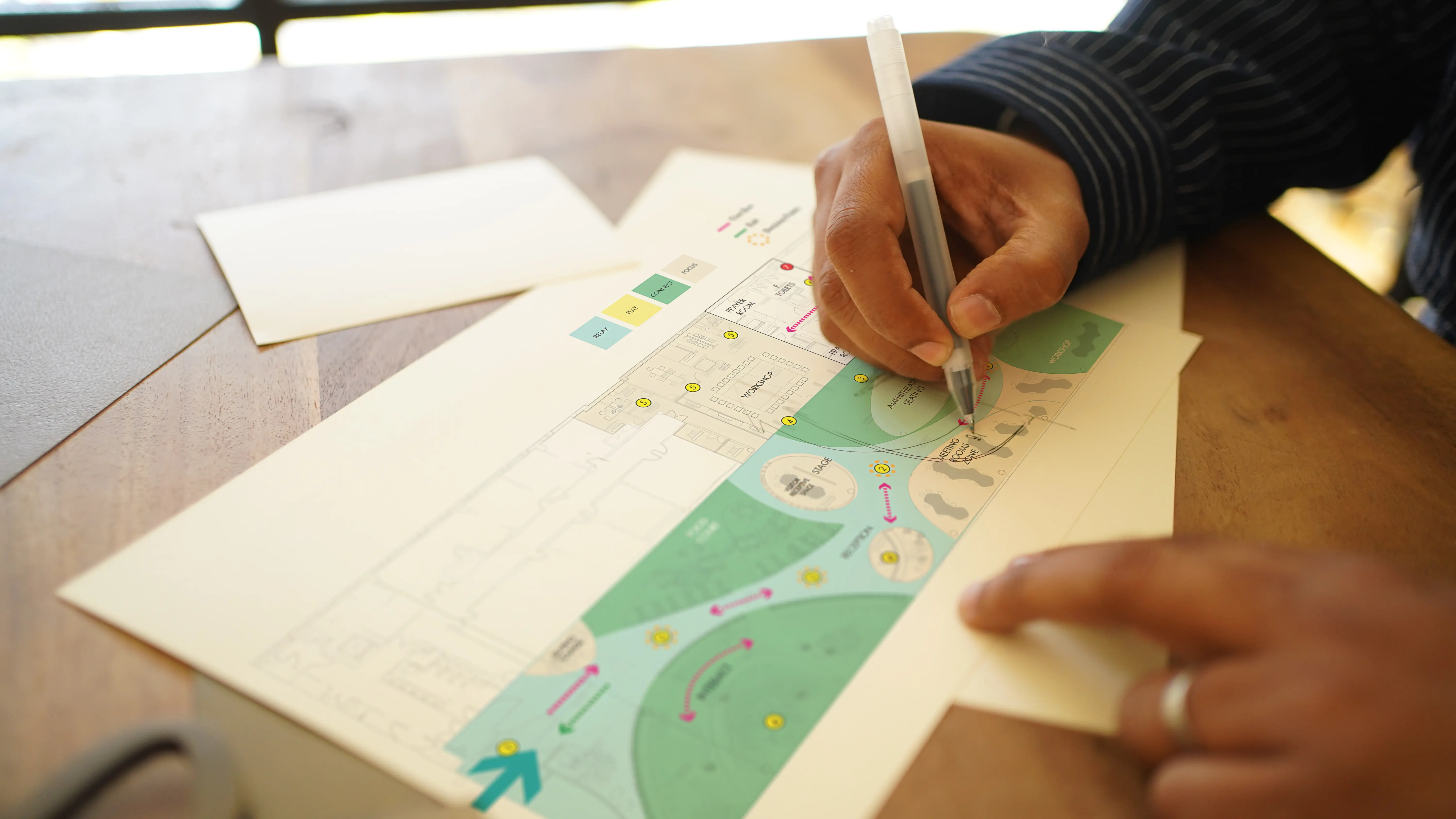 LIMAH designer reviewing plans and a wayfinding mockup on a table