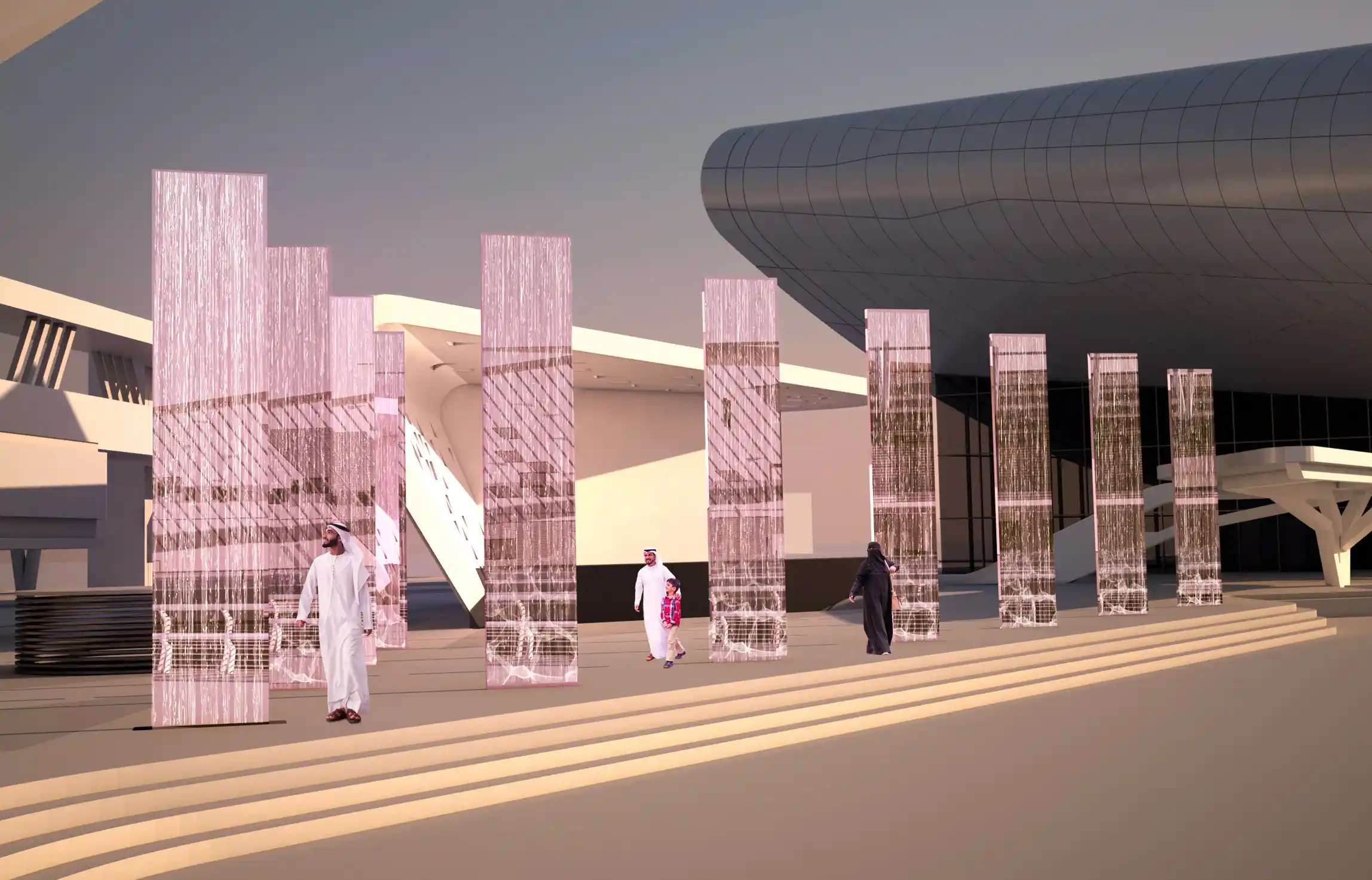 Reflective public art integrated into the walls at Al Qana, Abu Dhabi