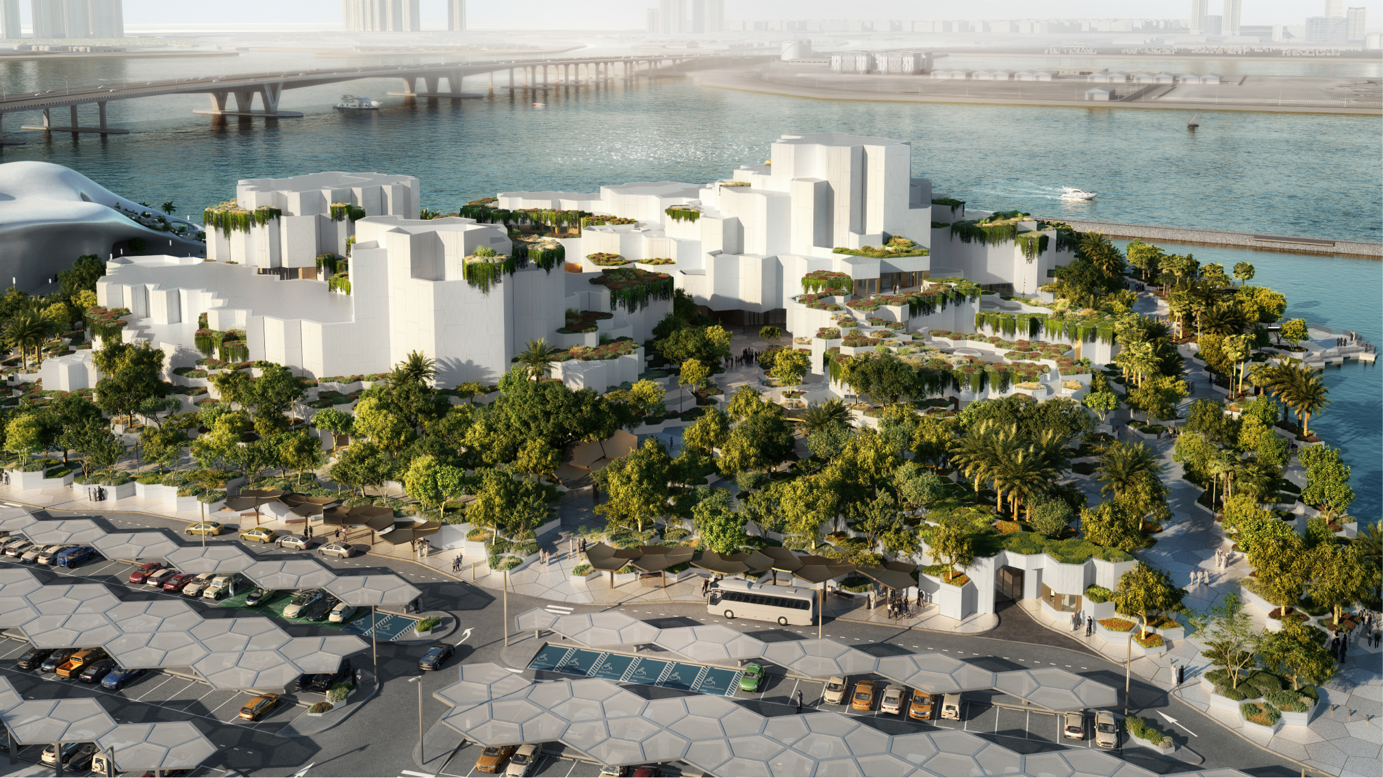 Aerial visualisation of the Natural History Museum Abu Dhabi, showing the architectural design and surrounding site.