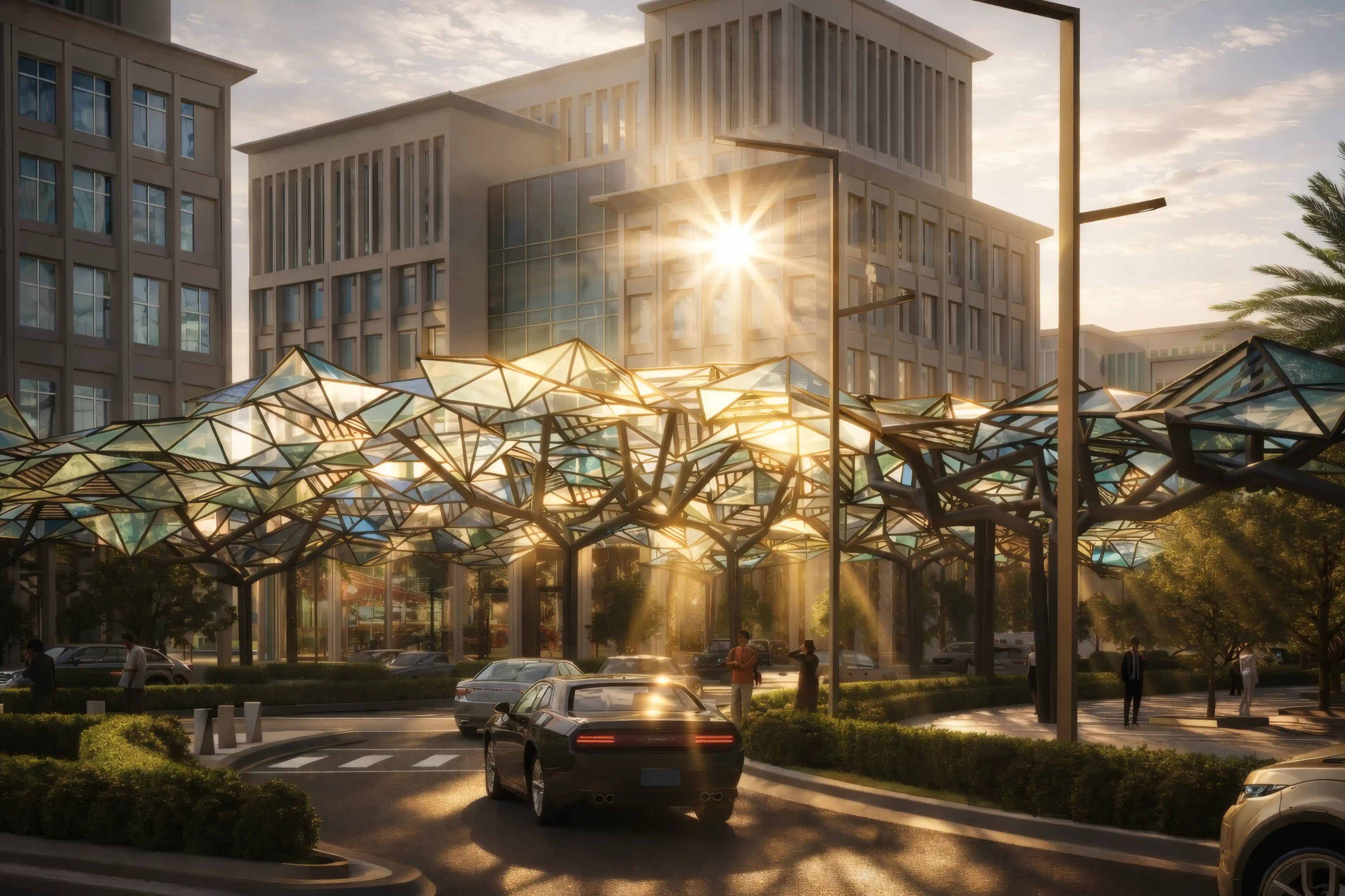 Vehicles passing through the landmark arrival gateway at Tilal Al Irfan, featuring integrated experiential design and place identity.