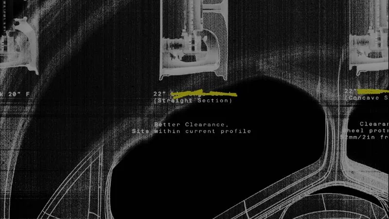 Technical X-ray style image showing a 22° straight section component with notes on better clearance and site within current profile.