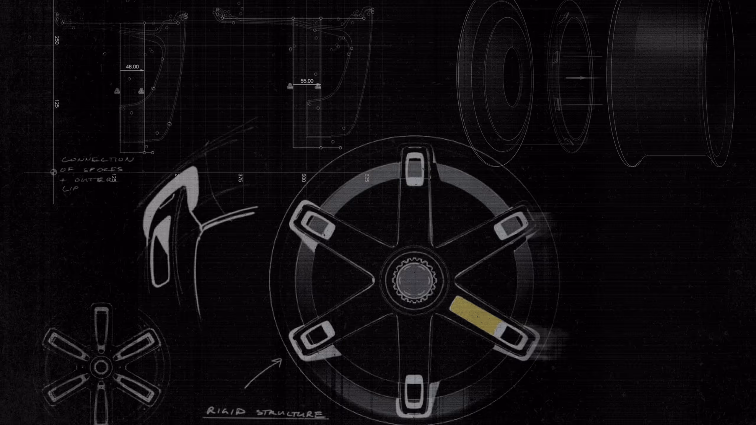 Technical blueprint of a five-spoke wheel design with measurements and notes on rigid structure and connection of spokes to outer lip.