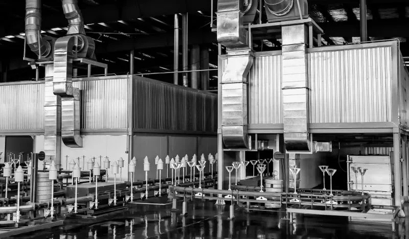 Industrial paint production line with conveyor system and ventilation ducts inside a factory.