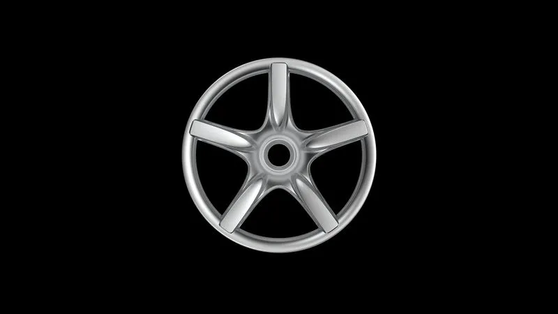 Silver five-spoke car wheel rim on black background.