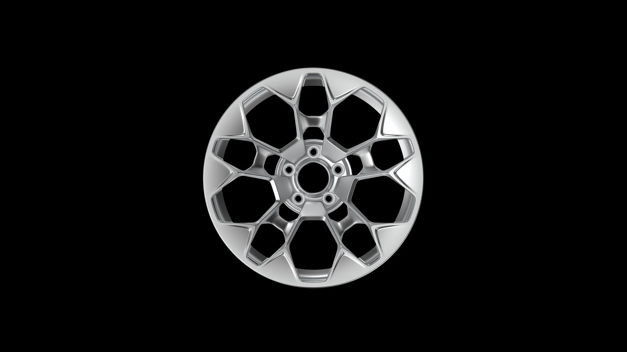 Silver multi-spoke alloy car wheel rim on a black background.