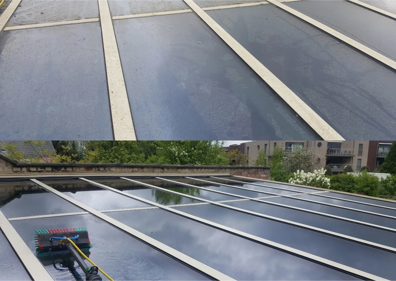 Voor en na het reinigen van een glazen dak in Kontich door Diamond Cleaning Belgium