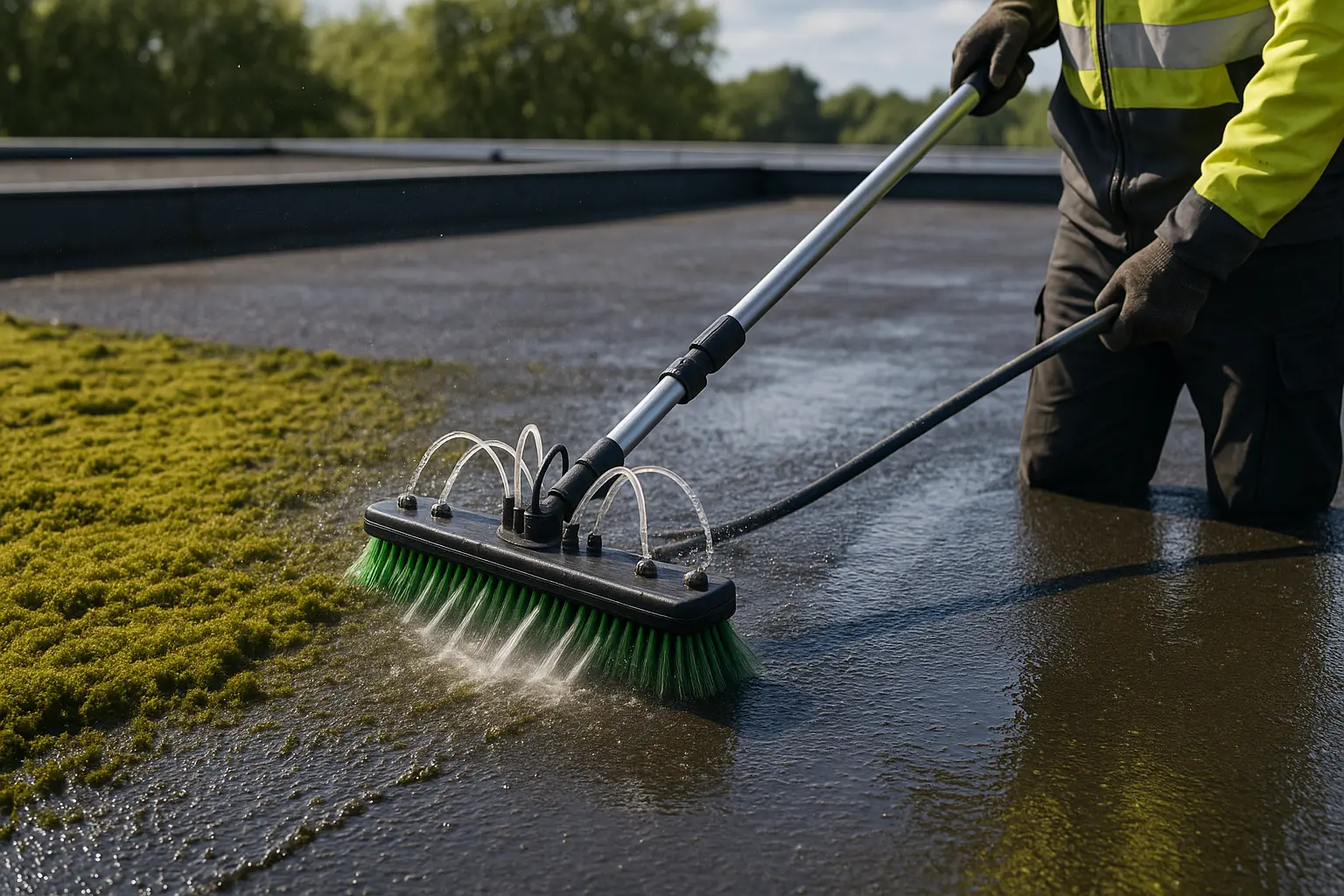 Medewerker verwijdert mos van dak met hogedrukreiniger voor een proper resultaat