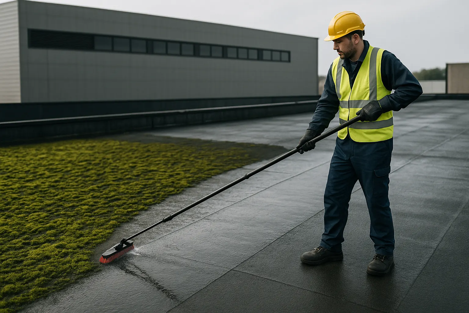 Plat bedrijfsdak professioneel ontmost door Diamond Cleaning Belgium in regio Antwerpen