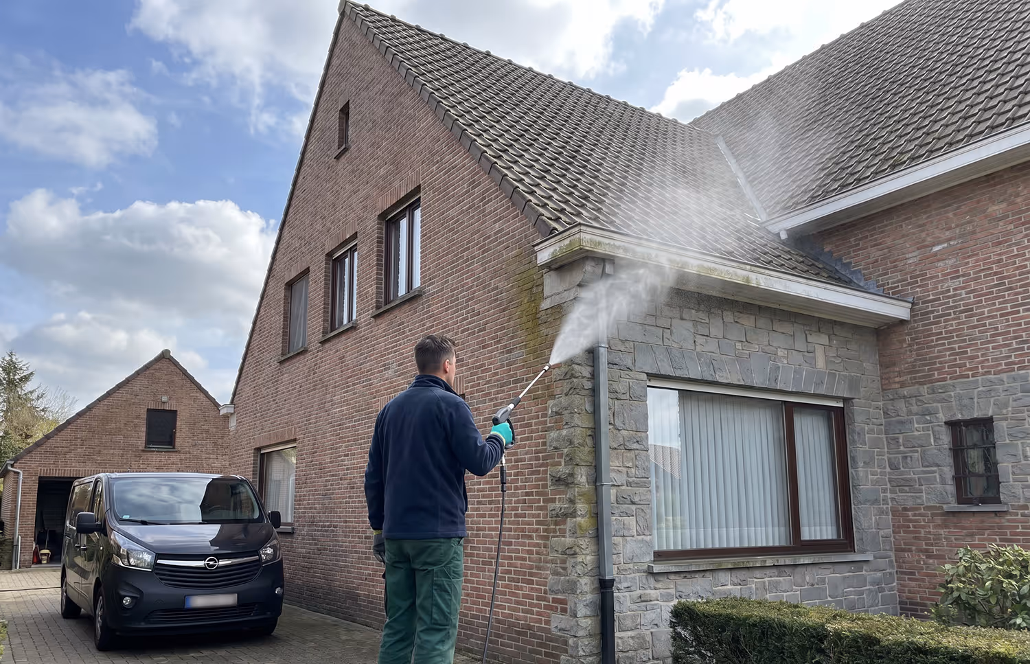 Man die een huis gevel met een softwash reiniger schoonmaakt naast een zwarte bestelwagen.