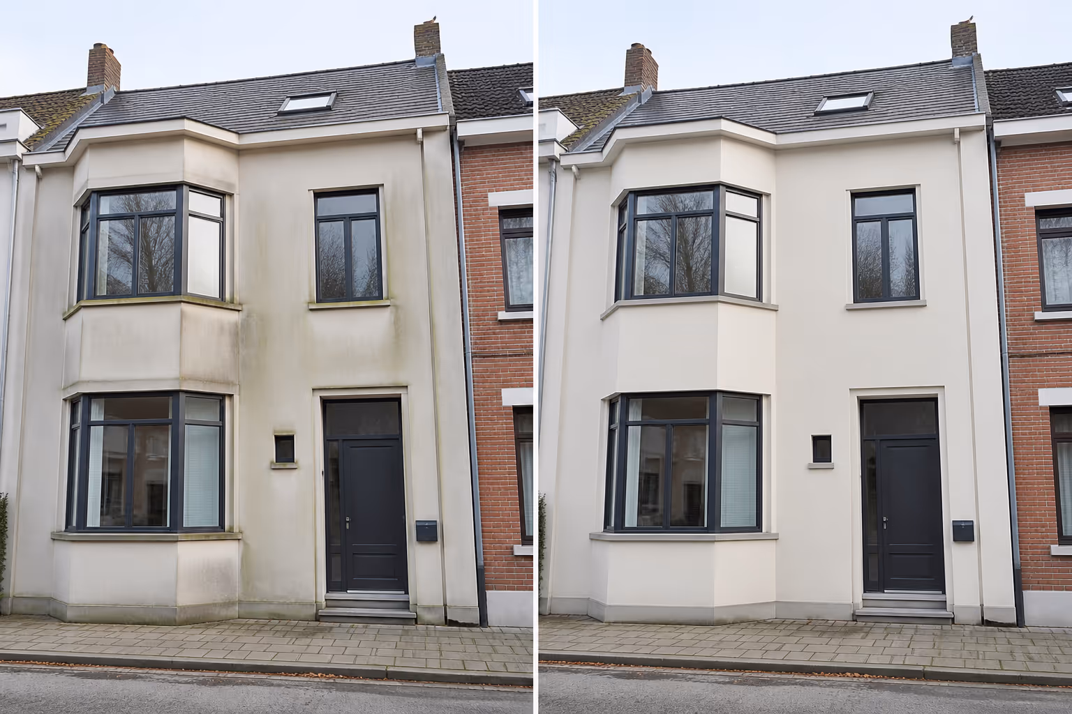 Voor- en nafoto van een gereinigde crepi-gevel van een huis, waarbij de linkerkant vuil en verkleurd is en de rechterkant schoon en wit.