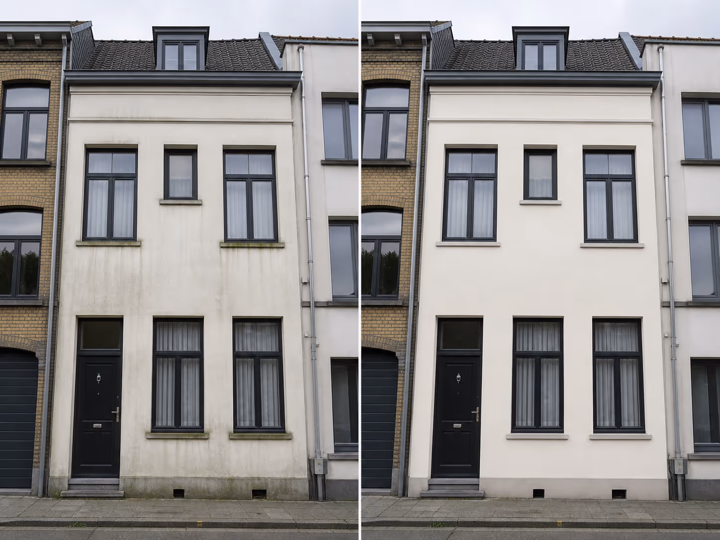 Voor-en-na foto van een gevel van een rijhuis, voorheen vuil en met zwarte aanslag, nadien gereinigd en wit.