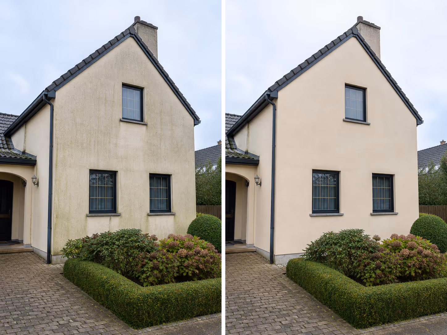 Voor- en na-afbeelding van een gevelreiniging van een twee verdiepingen tellend huis met beige gevel en zwarte raamkozijnen, met links een vuile gevel en rechts een schone gevel.