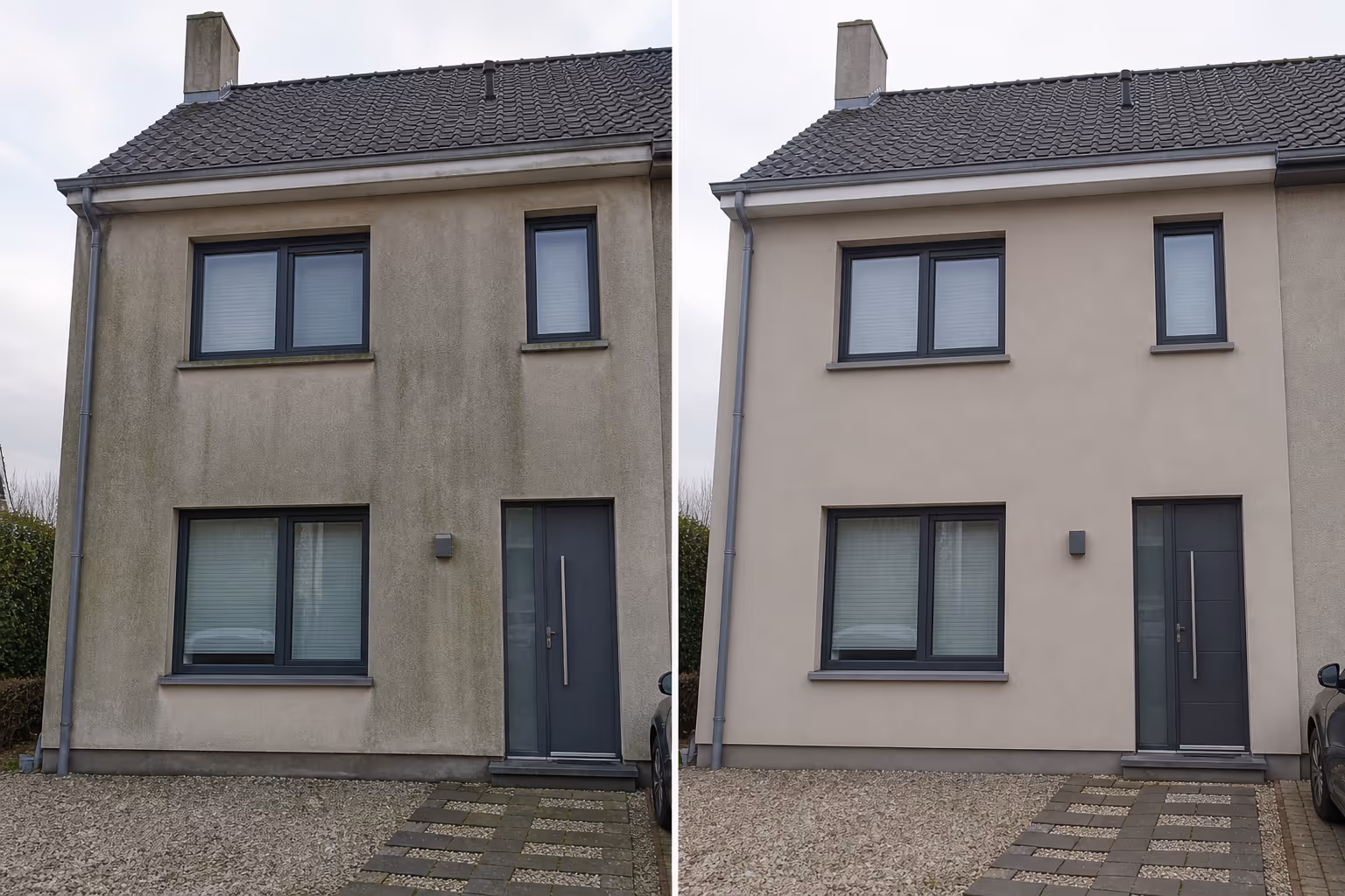 Voorgevel van een huis, links vuil en groen uitgeslagen, rechts schoon en gereinigd met een egale gevel.