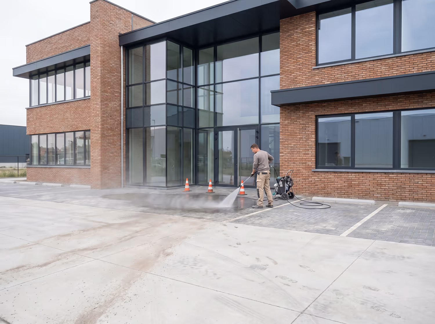 Man reinigt het trottoir voor een modern kantoorgebouw met een hogedrukreiniger.