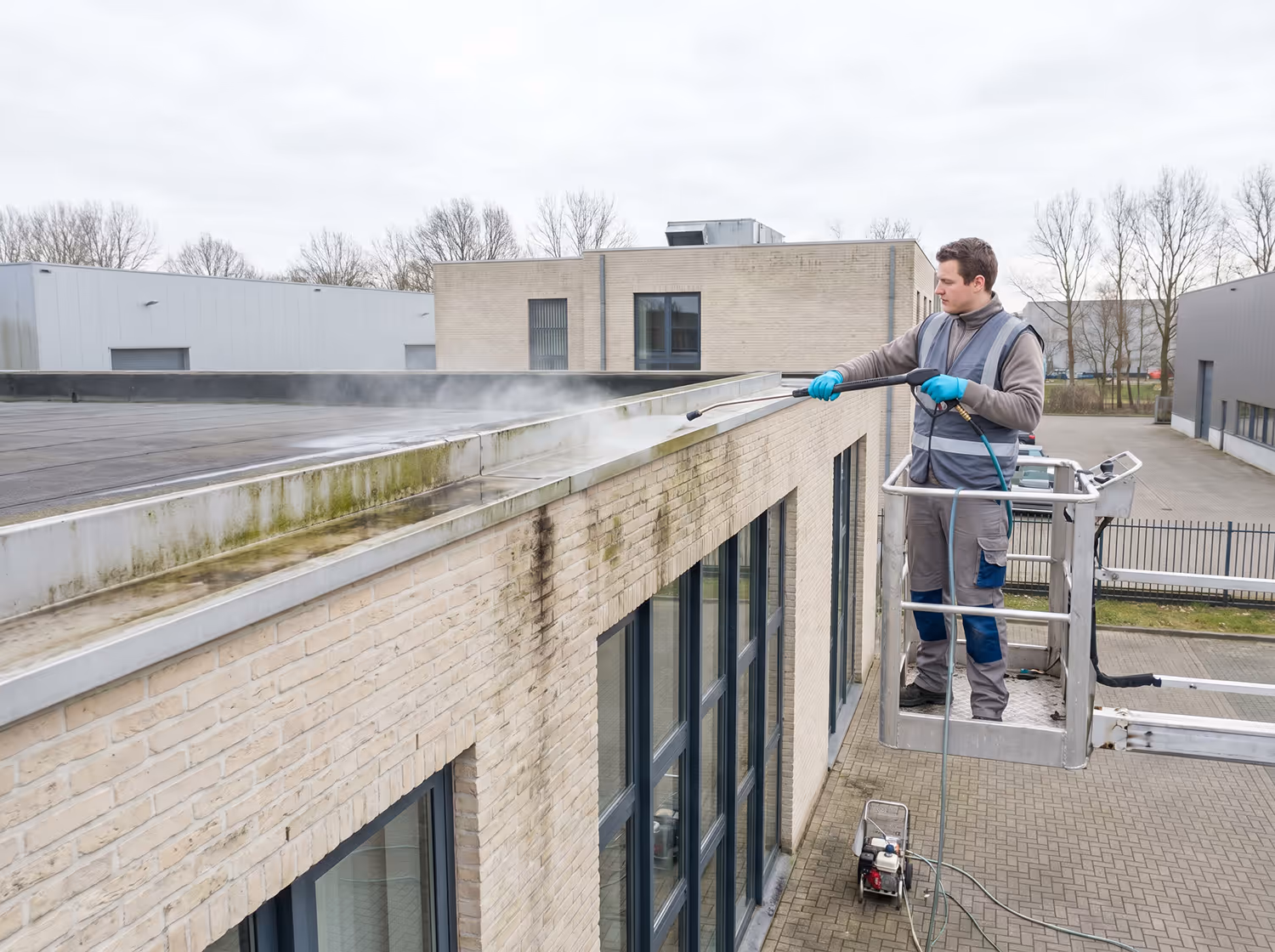 Een man in werkkledij en handschoenen maakt dakgoot van een gebouw schoon met een softwash reiniger vanaf een hoogwerker.