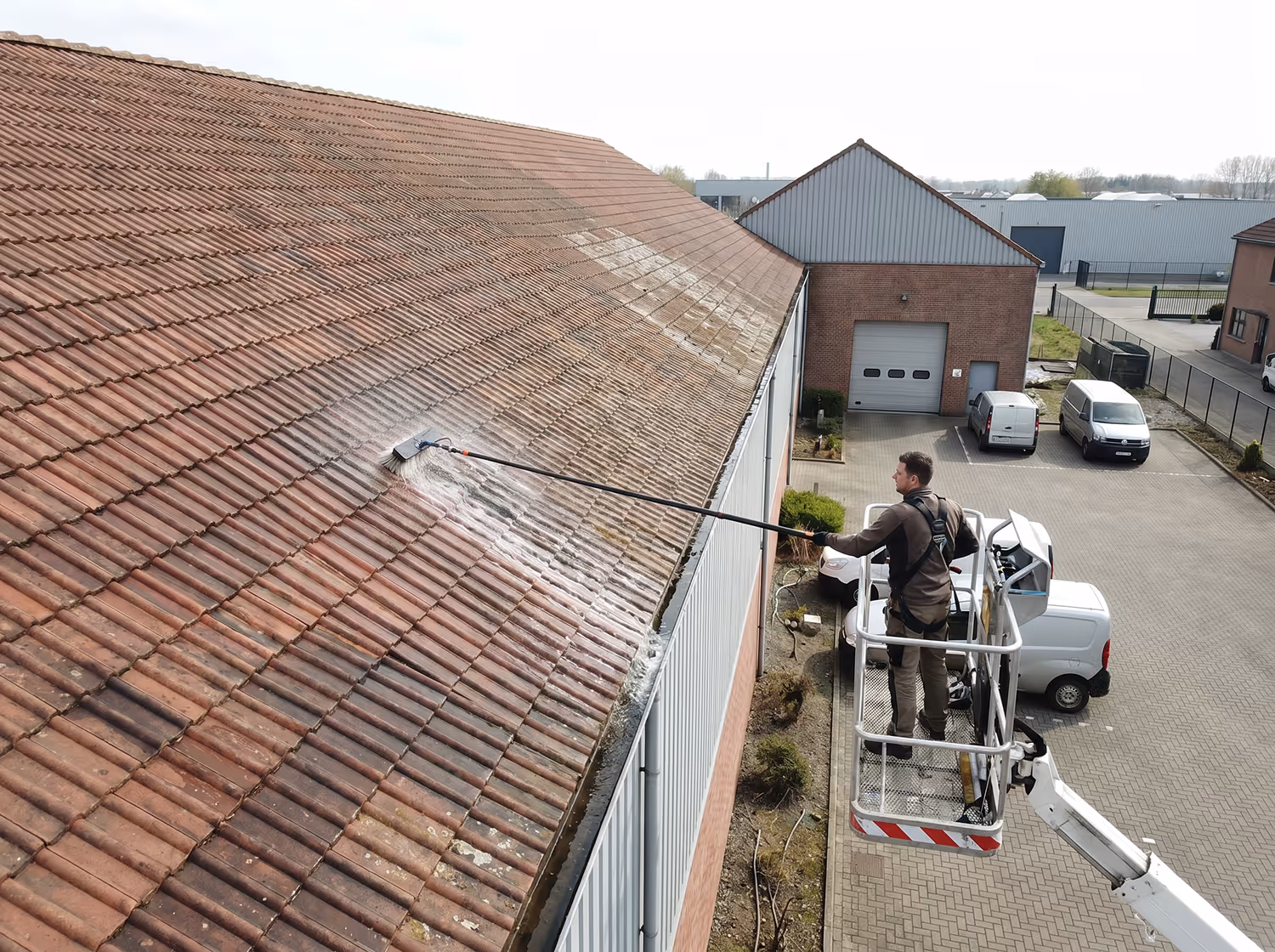 Een man reinigt een groot pannendak met een borstel vanaf een hoogwerker.