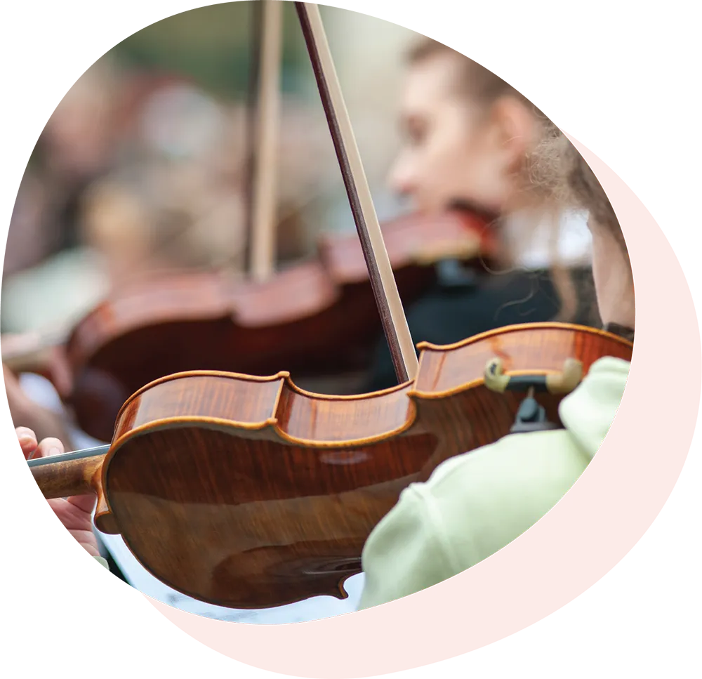 Close-up of violin players in an orchestra focusing on the wooden violin and bow.