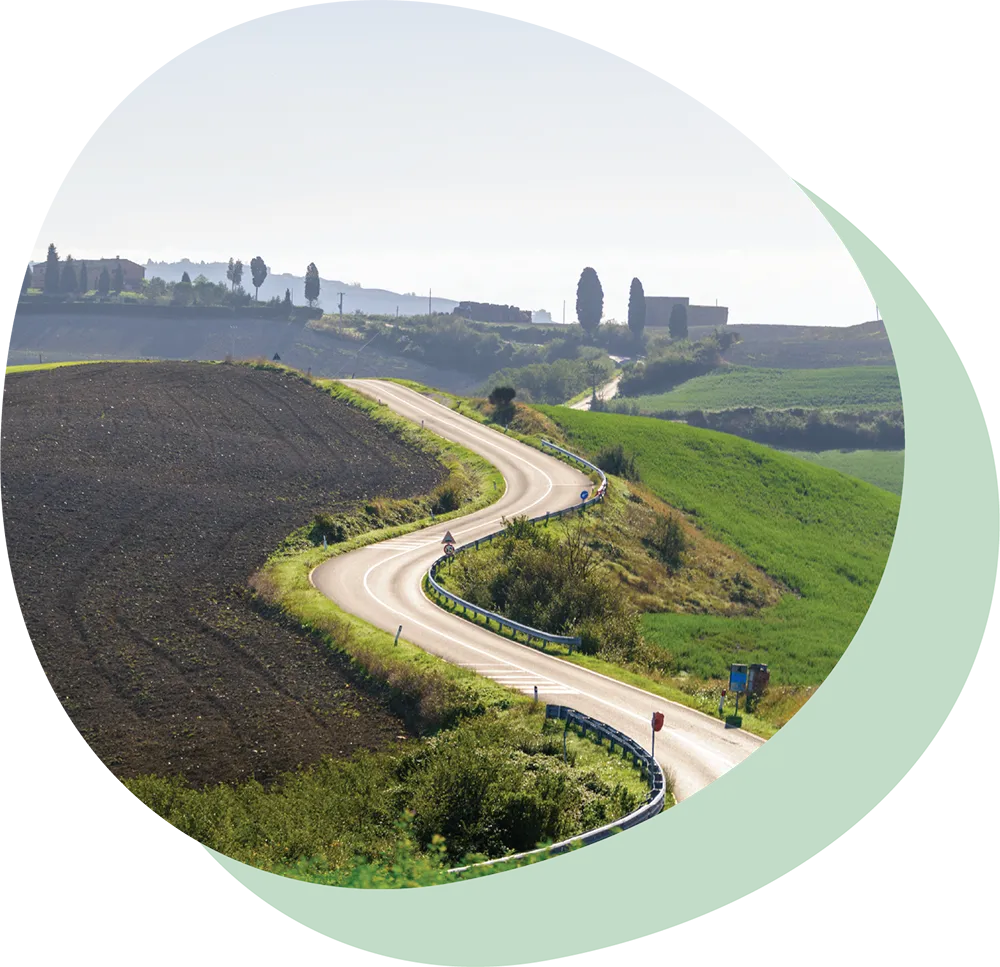Winding country road curving through green fields and farmland under a clear sky in Tuscany region, Italy.