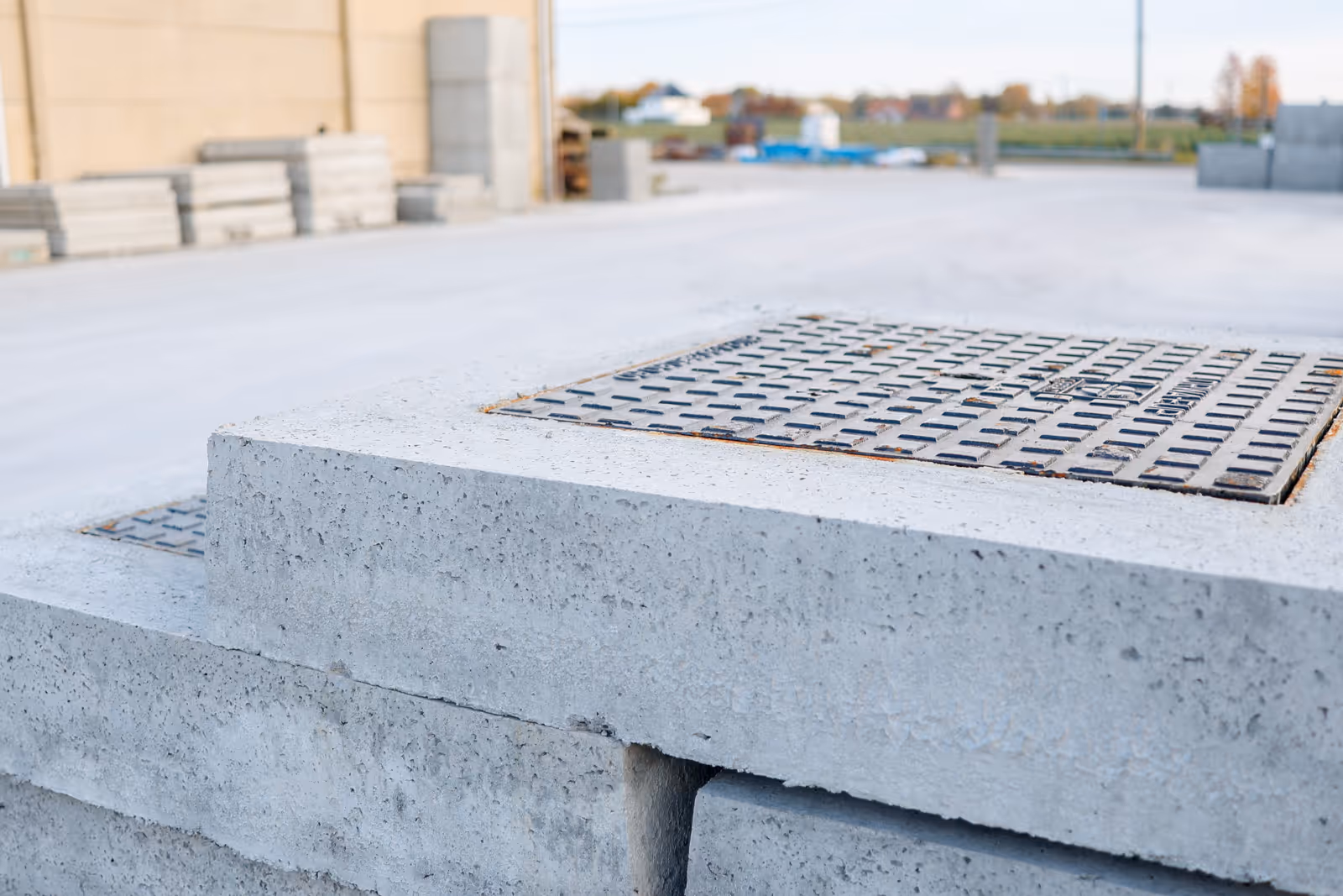 Dekplaat in gewapend beton, met vierkante mangatopening en ingegoten gietijzeren deksel, klaar voor plaatsing op regenput