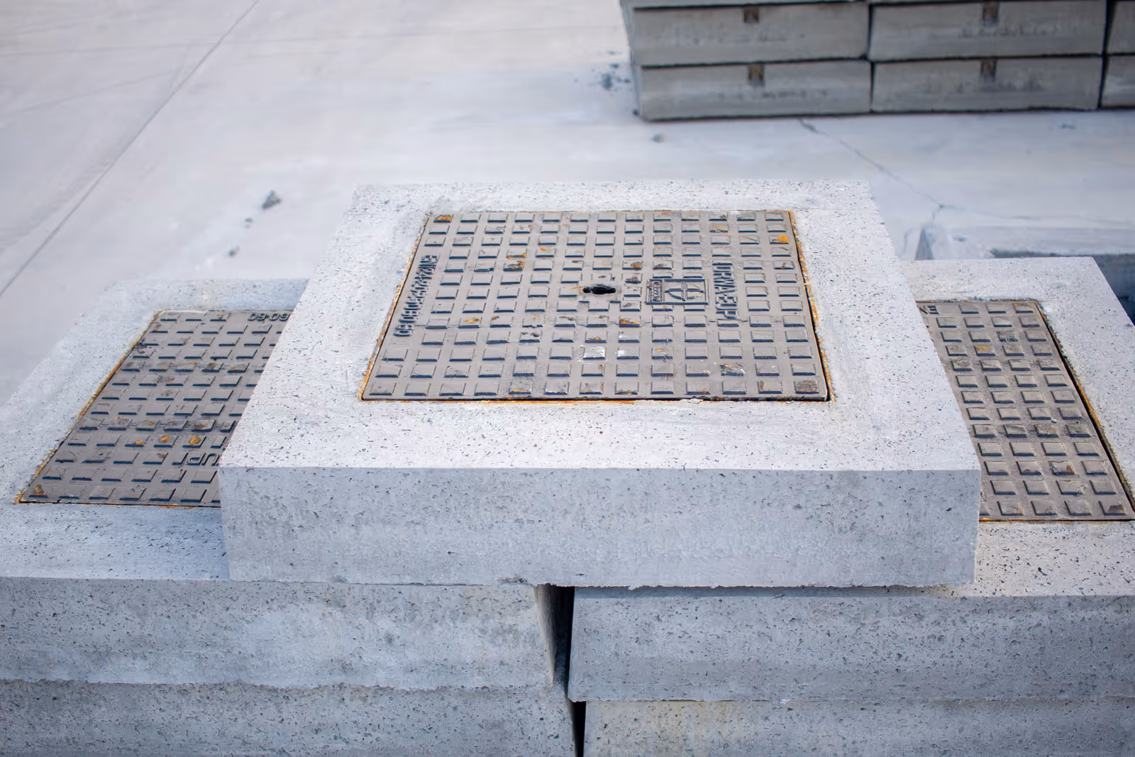 Gestapelde betonnen dekplaten met metalen putdeksels erop in een bouwterreinomgeving.