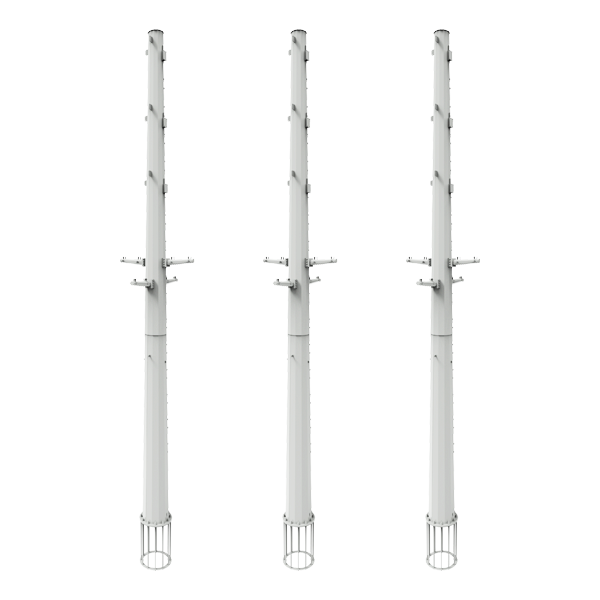 Three identical gray utility poles equipped with cross-arms and insulators for electrical transmission.