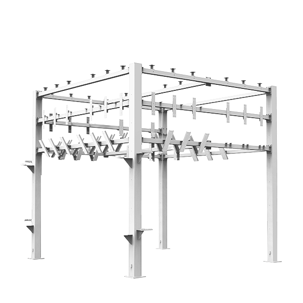 Metal framework structure with horizontal and vertical beams, resembling an industrial or construction scaffold.