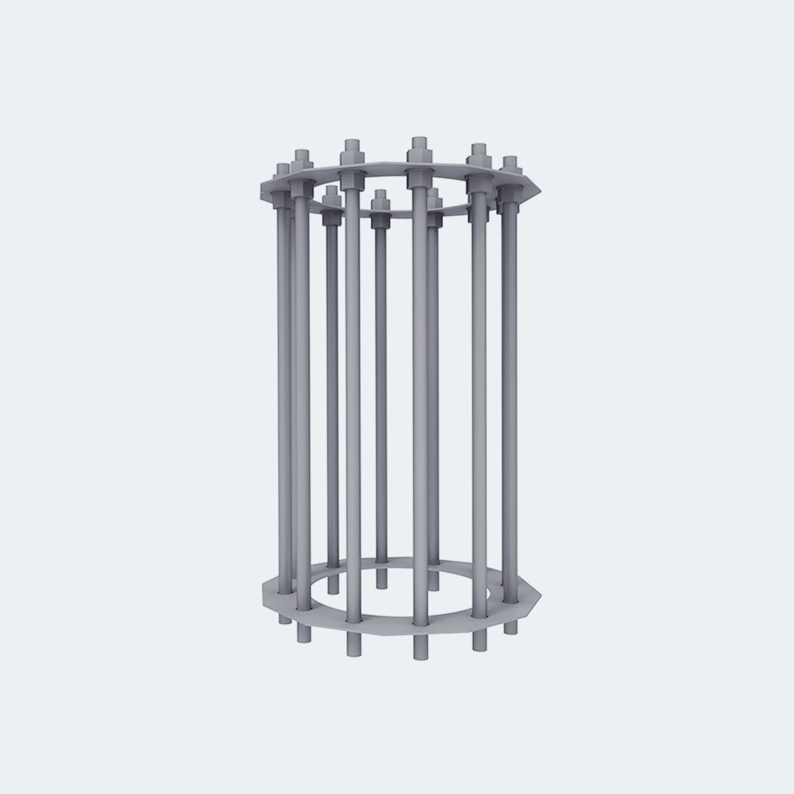 3D rendering of a cylindrical metal cage structure with vertical rods and circular top and bottom frames.