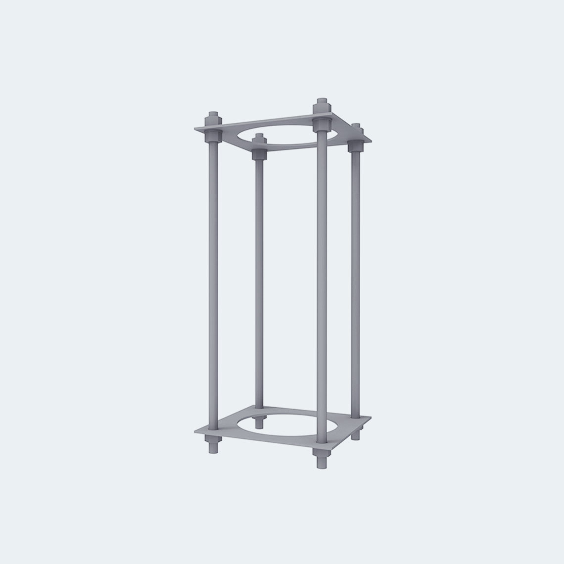 Metal frame structure with four vertical rods connecting two square plates with circular cutouts.