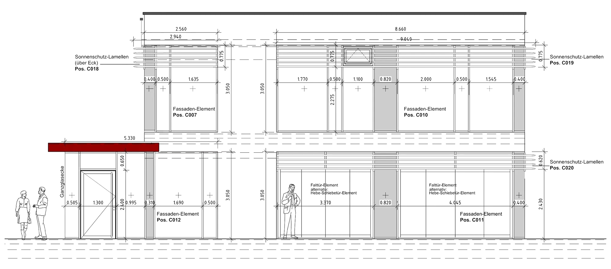 Architektonische Zeichnung einer modernen zweistöckigen Fassade mit Menschen und technischen Maßen.