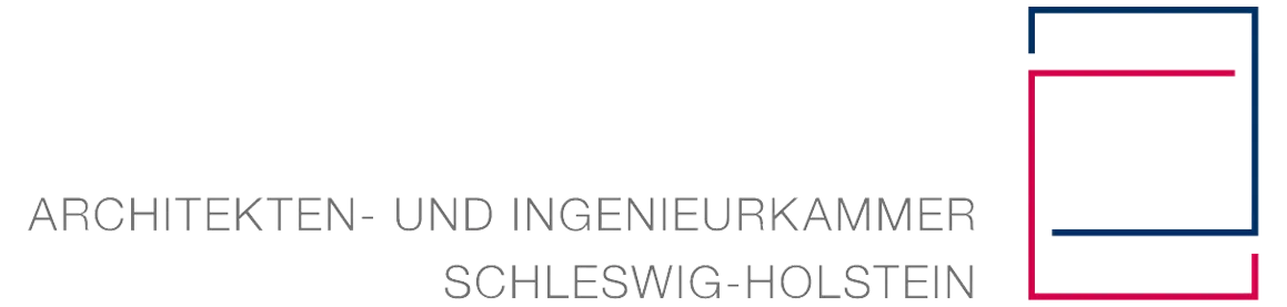 Logo der Architekten- und Ingenieurkammer Schleswig-Holstein mit blauem und pinkem geometrischen Design.