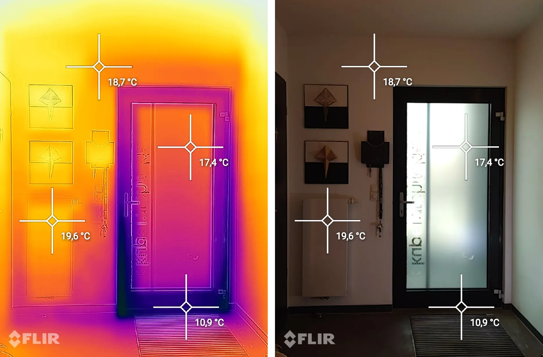 Wärmebild und normales Bild einer Haustür mit Temperaturpunkten von 10,9 °C bis 19,6 °C.