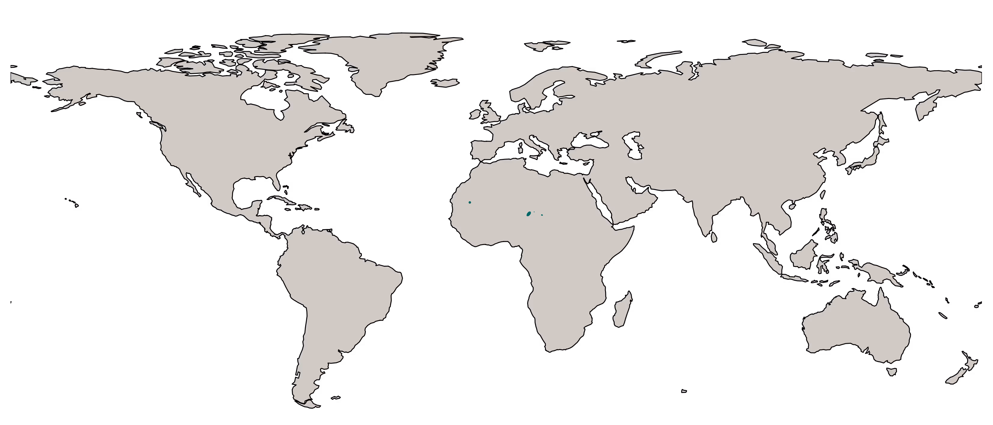 Gestileerde wereldkaart met continenten in lichtgrijs en verspreide turquoise gebieden die zich voornamelijk in Afrika bevinden.