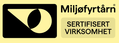 Miljøfyrtårn-sertifisert virksomhetslogo med svart og gul design.