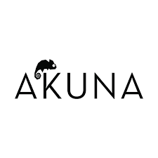 Akuna logo with stylized black text and a black chameleon sitting on the letter K.